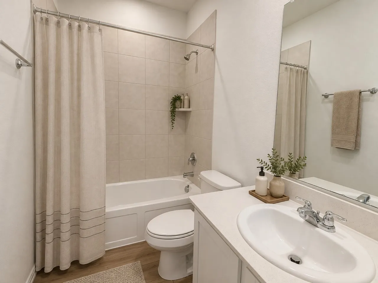 Bathroom featuring a white vanity with an undermount sink, a large mirror, a chrome towel bar, and a tub with a tile surround