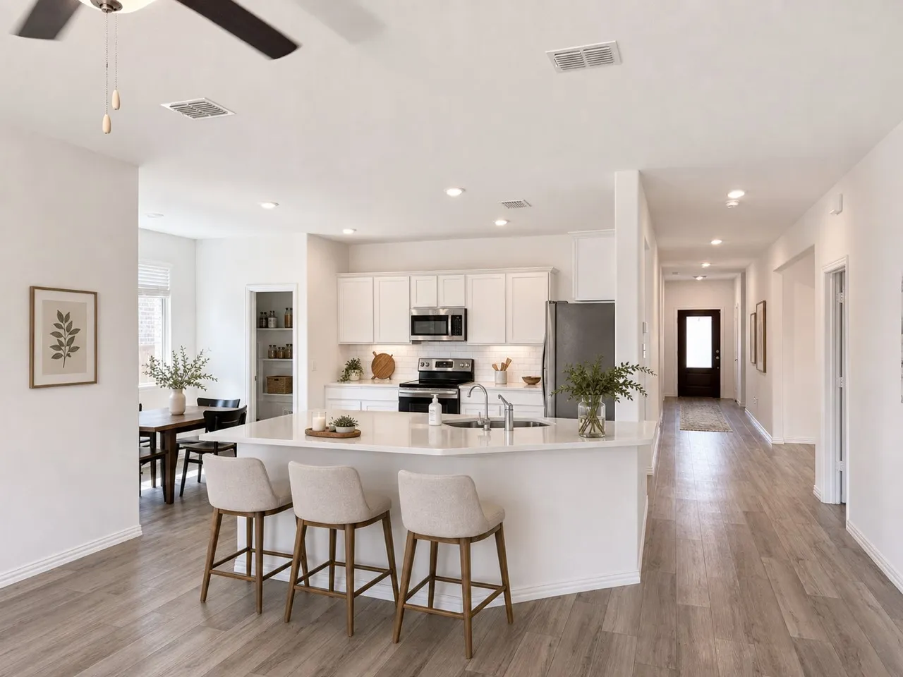 Open-concept kitchen with white cabinetry, stainless steel appliances, and a central island with a sink