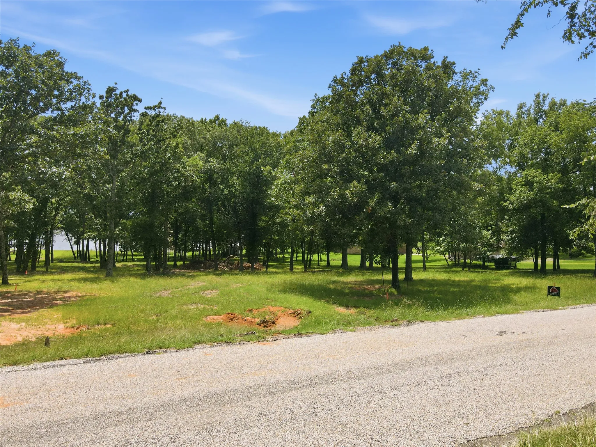 Expansive lot featuring mature trees, a gravel road, and grassy areas