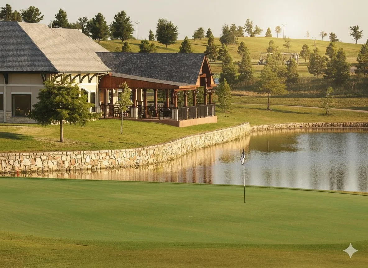 Expansive green space featuring a golf course putting green, a prominent water feature, and a stone retaining wall
