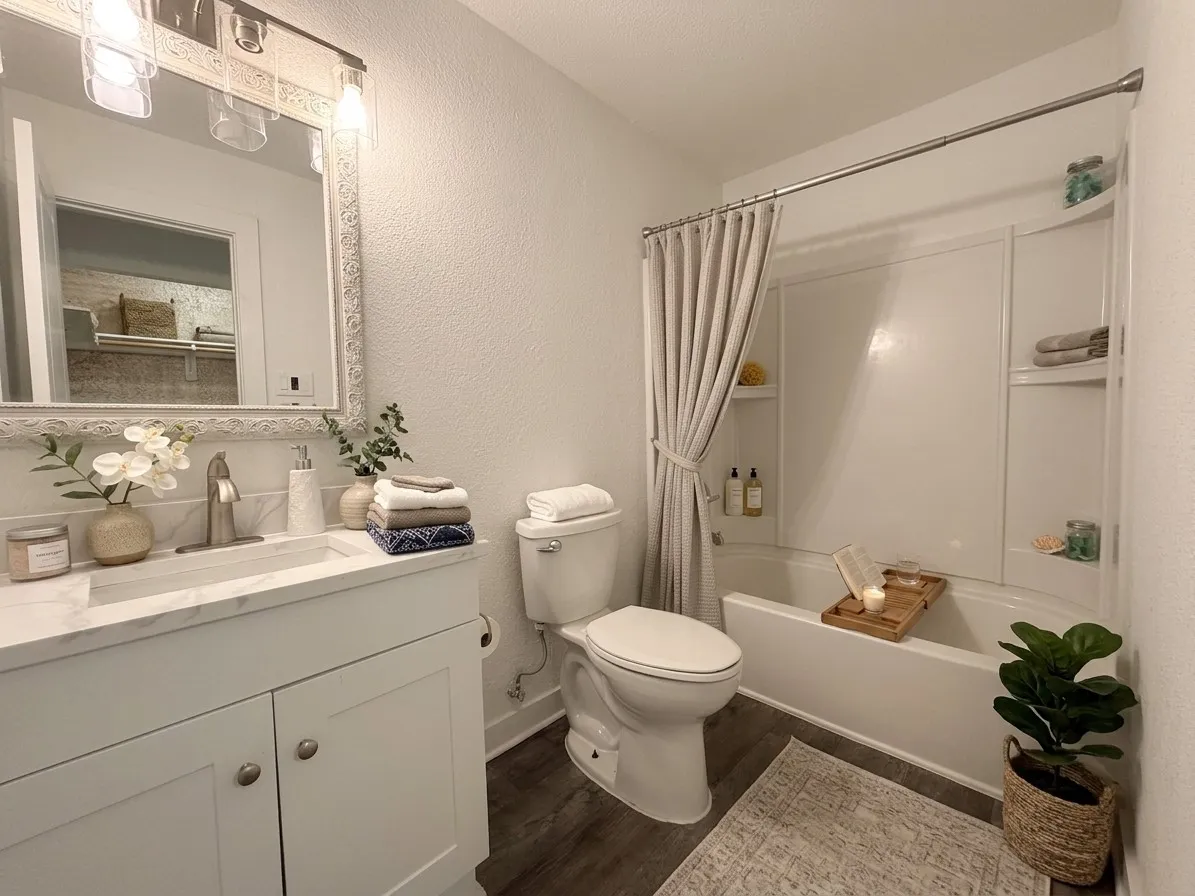 Staged- Vanity with a single basin sink, white cabinetry, and a light-colored countertop