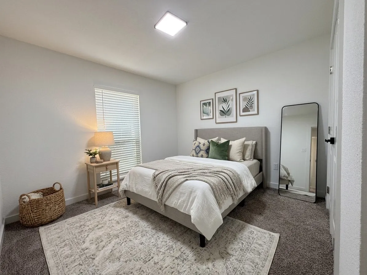 Staged- Carpeted flooring, window with blinds, recessed lighting, and a neutral color palette
