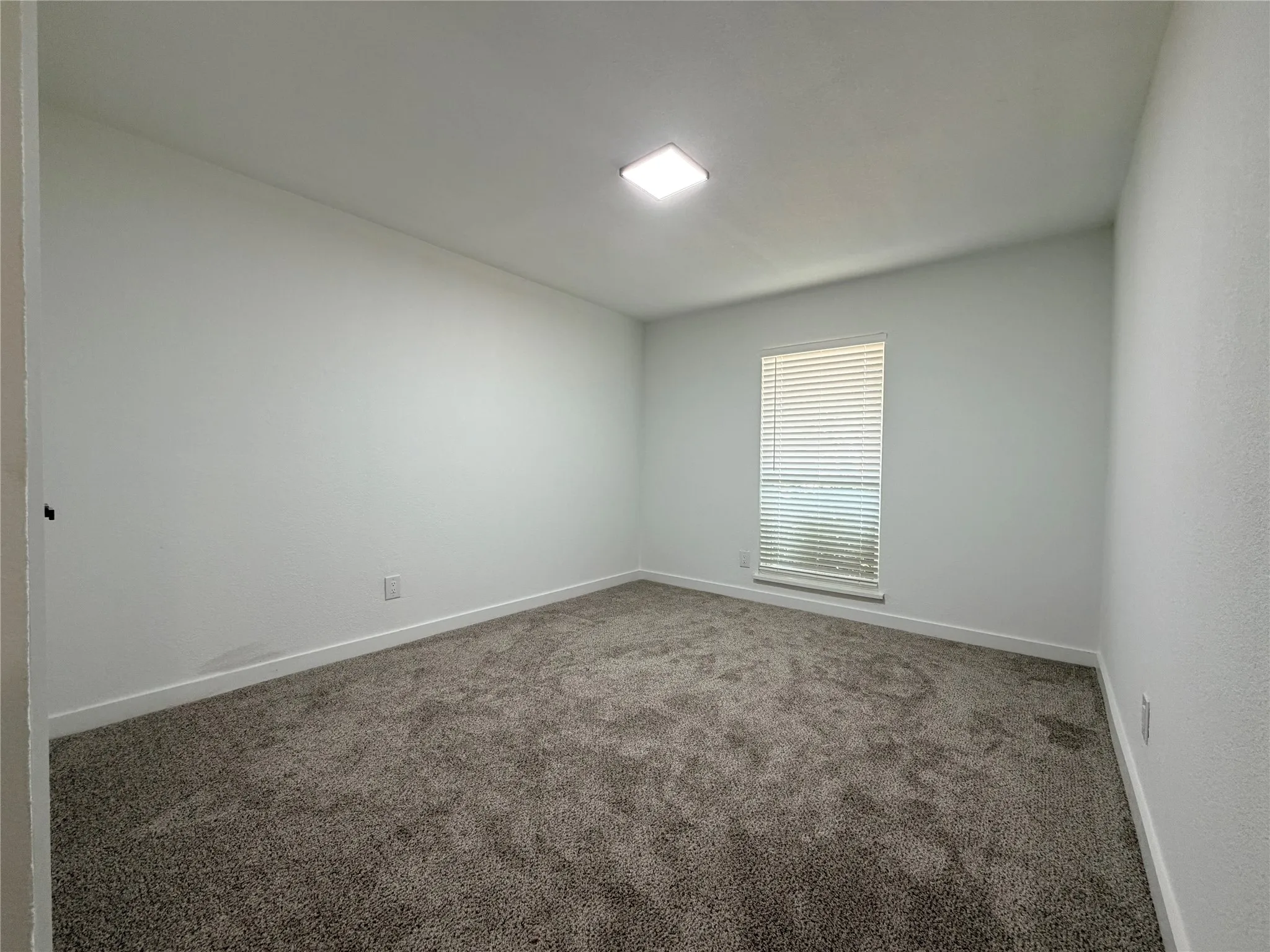 Neutral wall finishes, contemporary ceiling light fixture, window with horizontal blinds, and textured carpet flooring