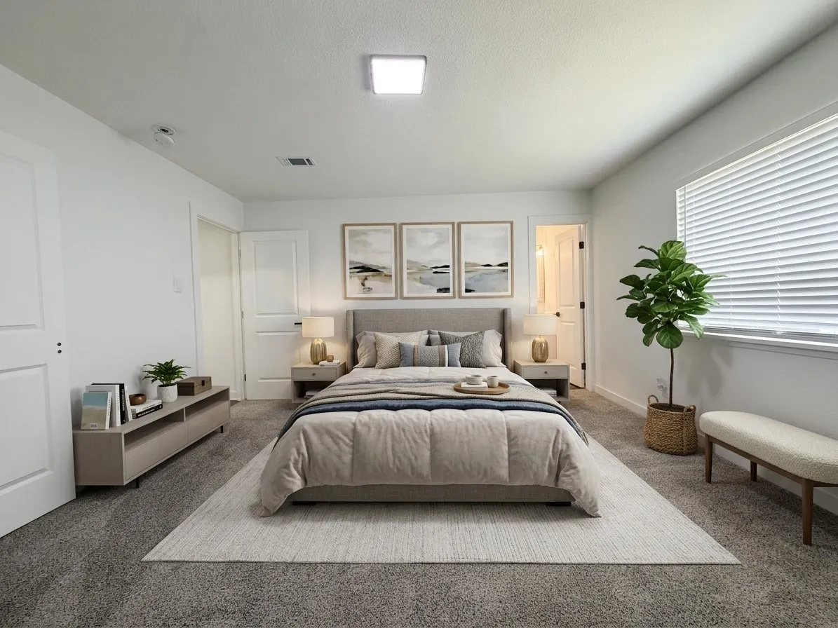 Staged- Spacious room with gray carpet flooring and a rectangular window with blinds