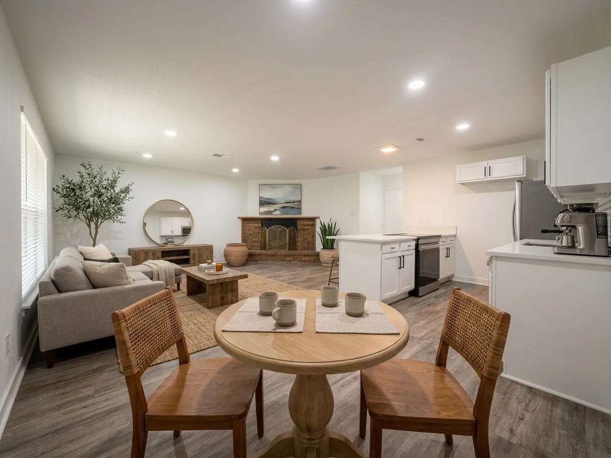 Staged-Open-concept living space featuring wood-finish flooring, recessed lighting, and a brick-faced fireplace