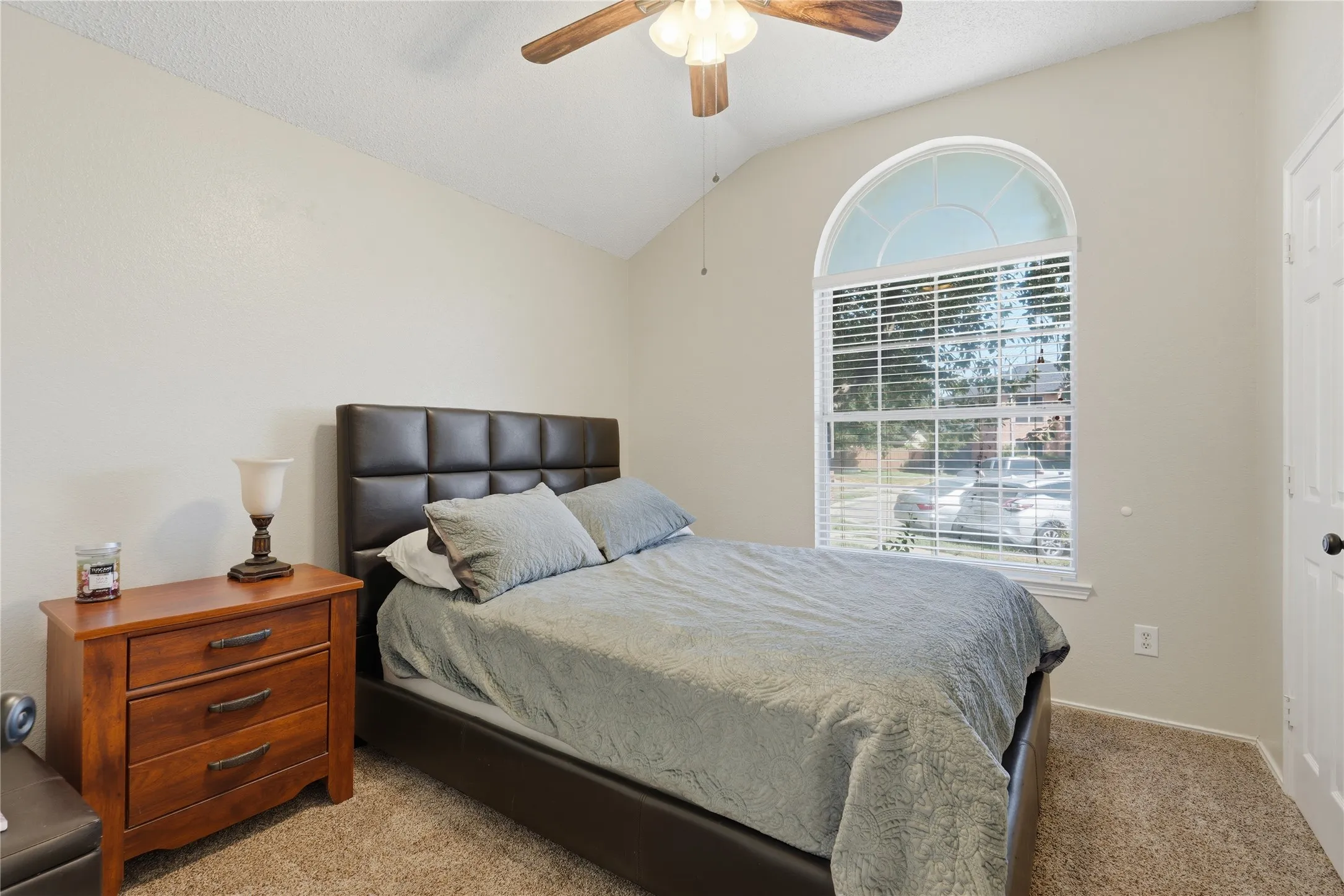Arched window with vaulted ceiling, and ceiling fan with light fixture