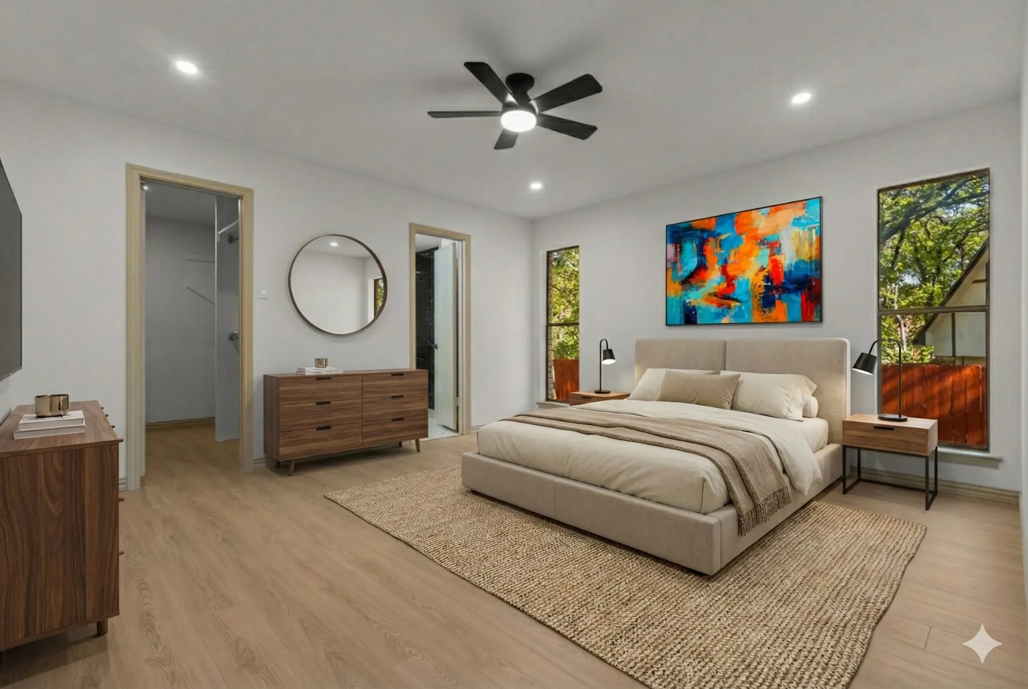 Bedroom featuring light wood finished floors, ceiling fan, and recessed lighting