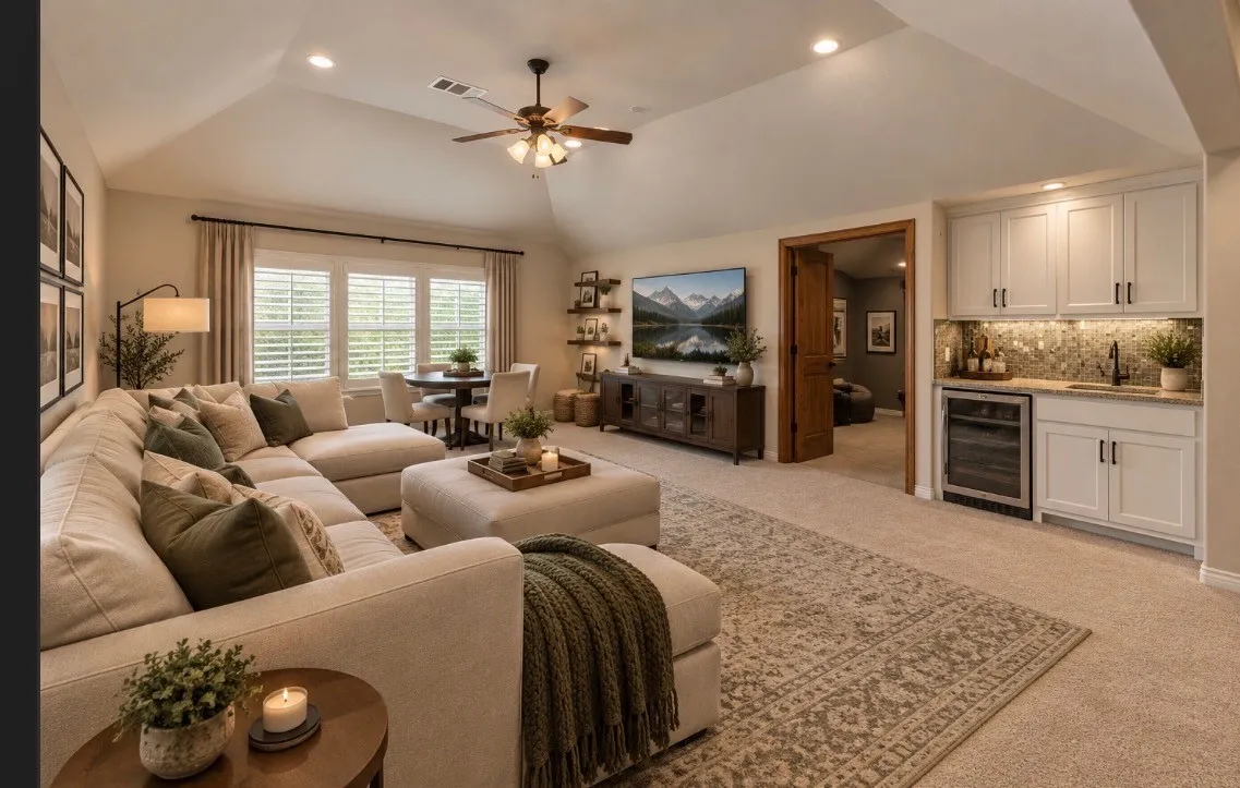Carpeted living space with vaulted ceiling and built-in wet bar