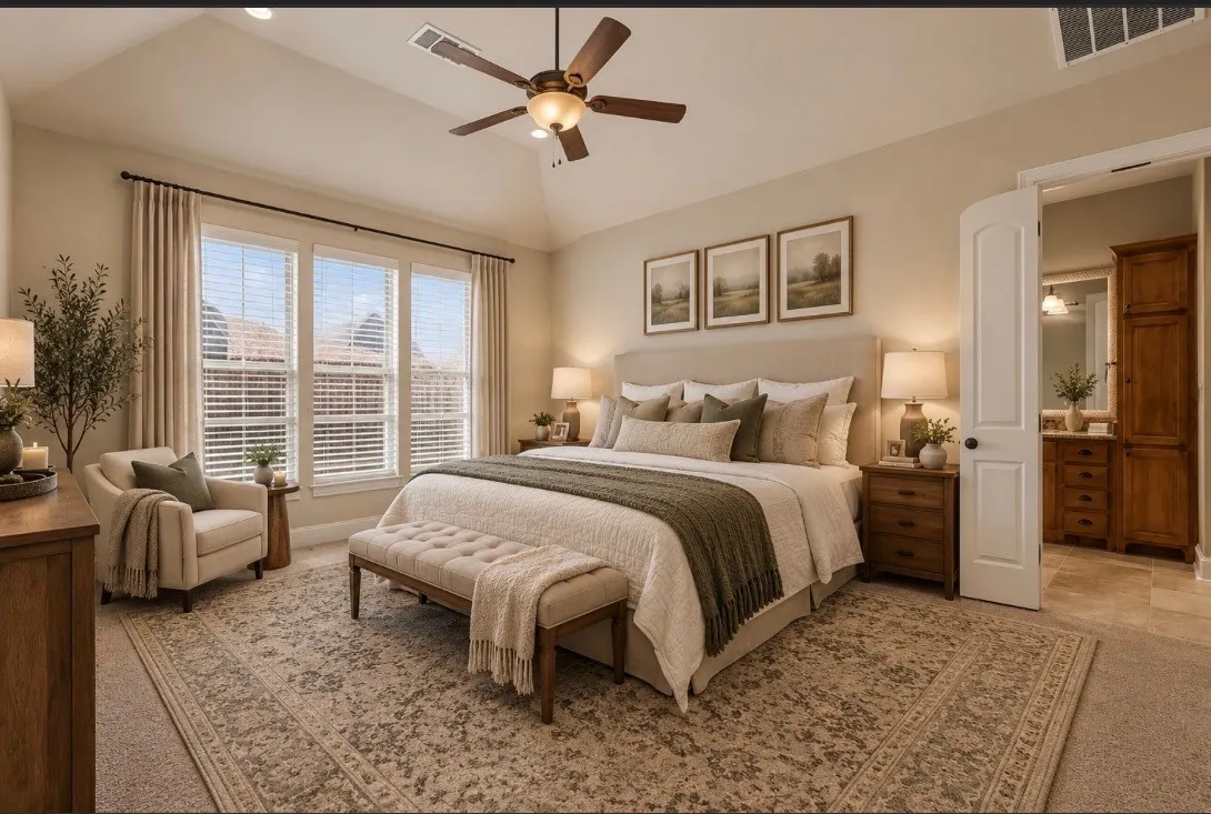 Vaulted ceiling with a ceiling fan, triple windows with blinds, recessed lighting, and a neutral color palette
