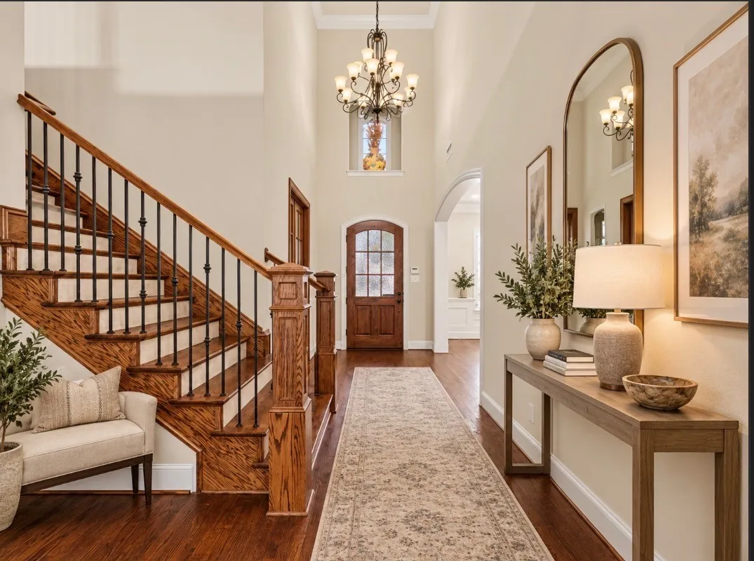 Two-story foyer with hardwood flooring, a grand staircase featuring wood treads and iron balusters, and an arched doorway