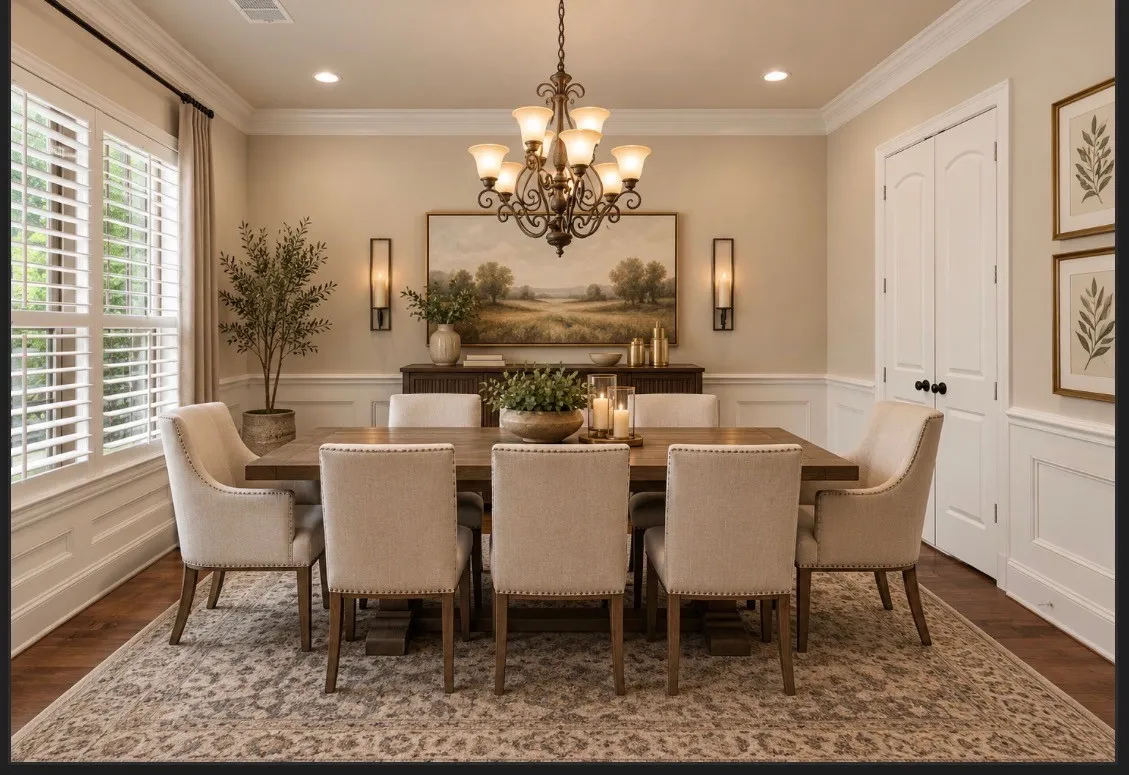 Hardwood flooring, crown molding, wainscoting, plantation shutters, and a classic chandelier