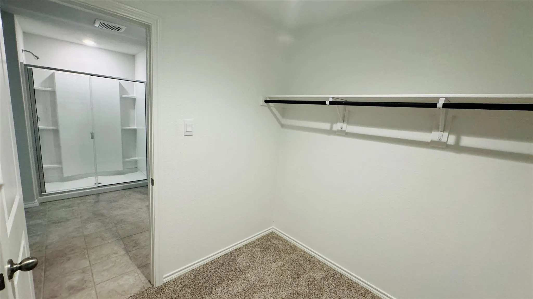 Walk-in closet with carpeted flooring and an integrated hanging rod system