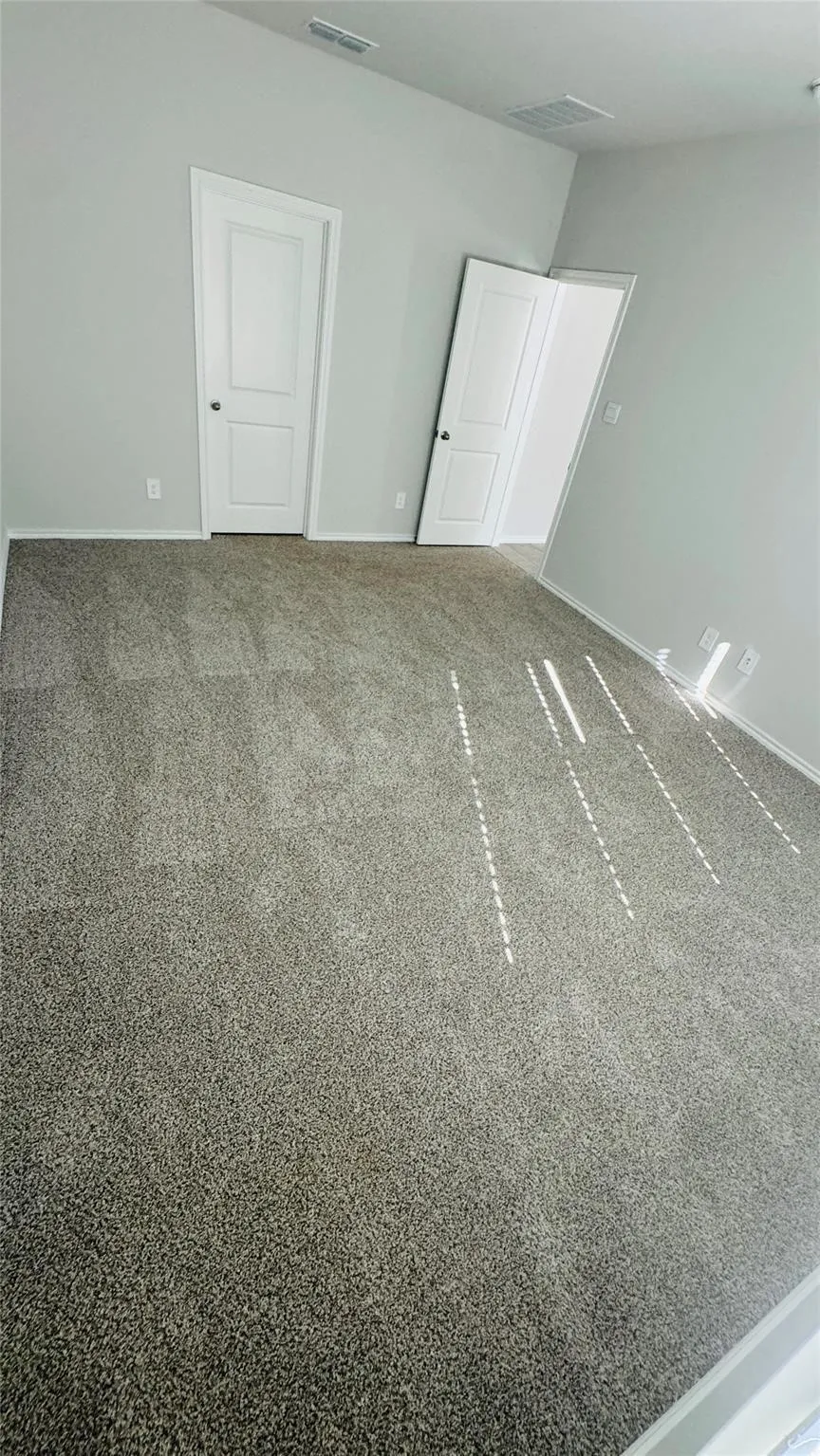 Neutral-toned carpeting, light gray walls, white trim, and white two-panel doors
