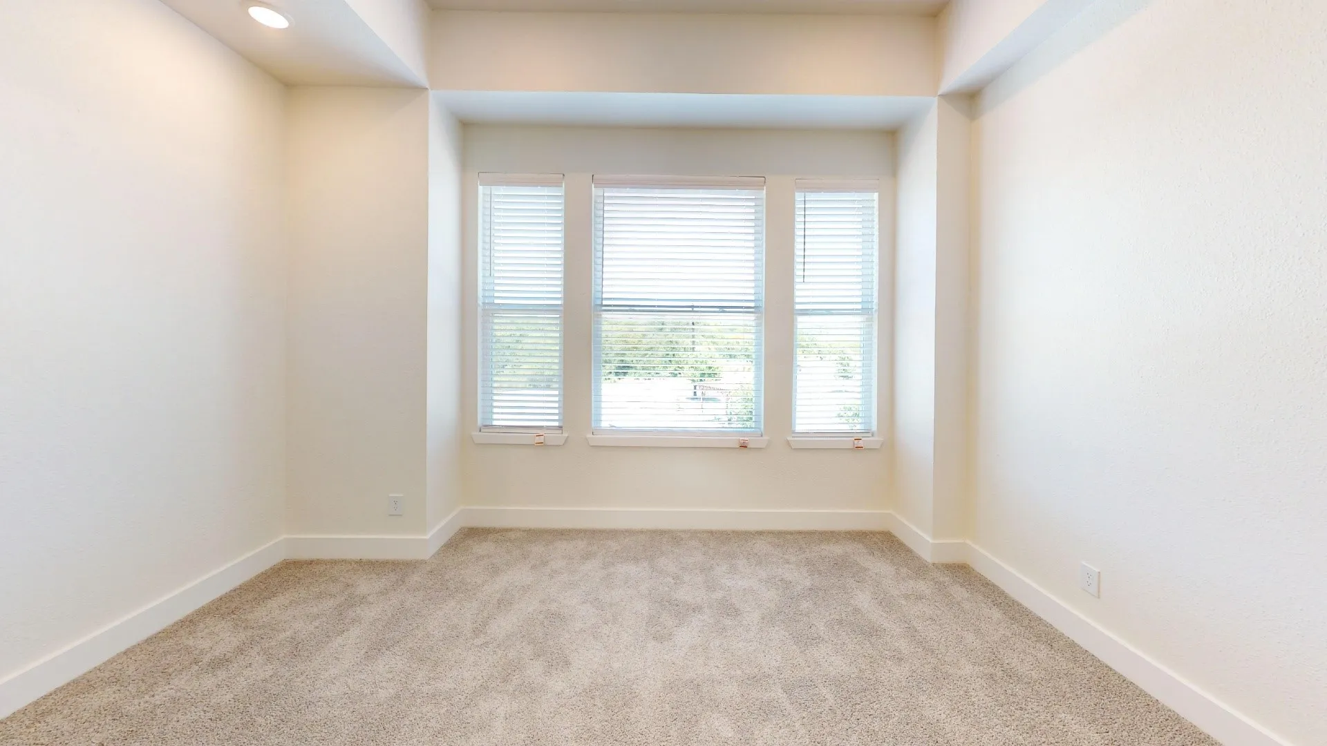 Recessed lighting, neutral-toned carpeting, three windows with blinds, and white trim