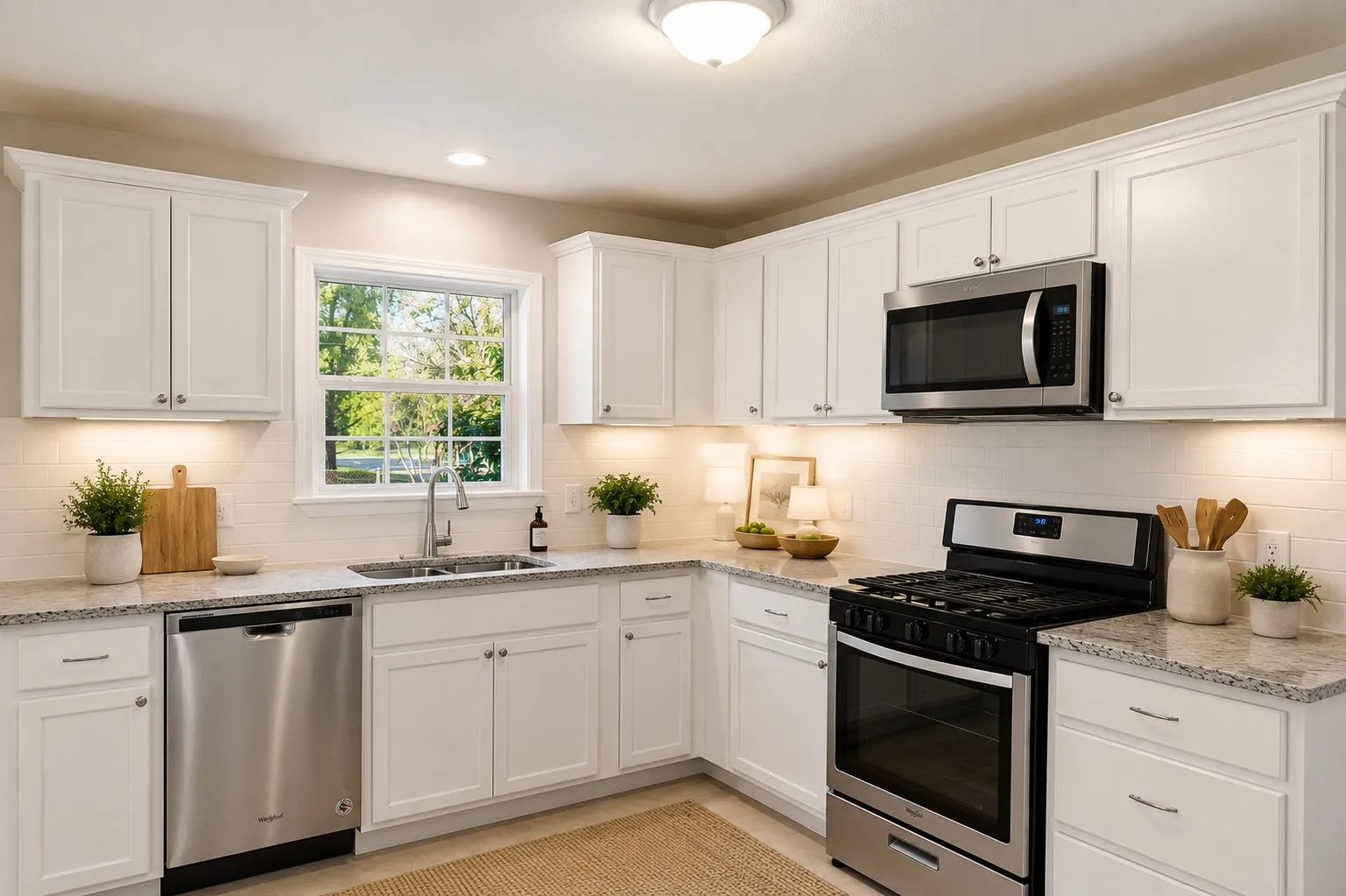 White cabinetry with brushed nickel hardware, light-toned countertops, stainless steel appliances, undermount sink, and recessed lighting