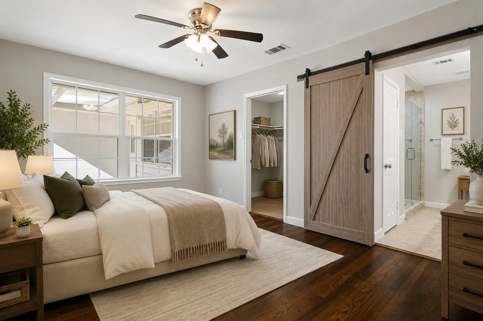 Wood-finish flooring, ceiling fan with light fixture, large window, wooden barn door, and a walk-in closet