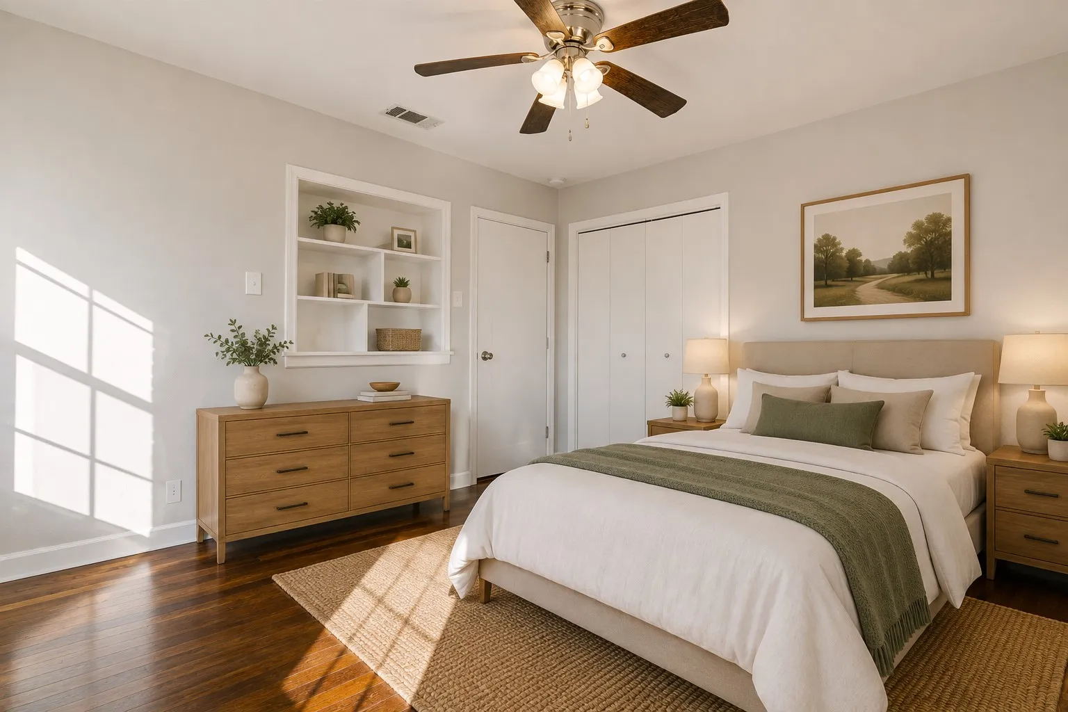 Hardwood flooring, ceiling fan with light fixture, built-in shelving, two-panel closet doors, and light-toned walls