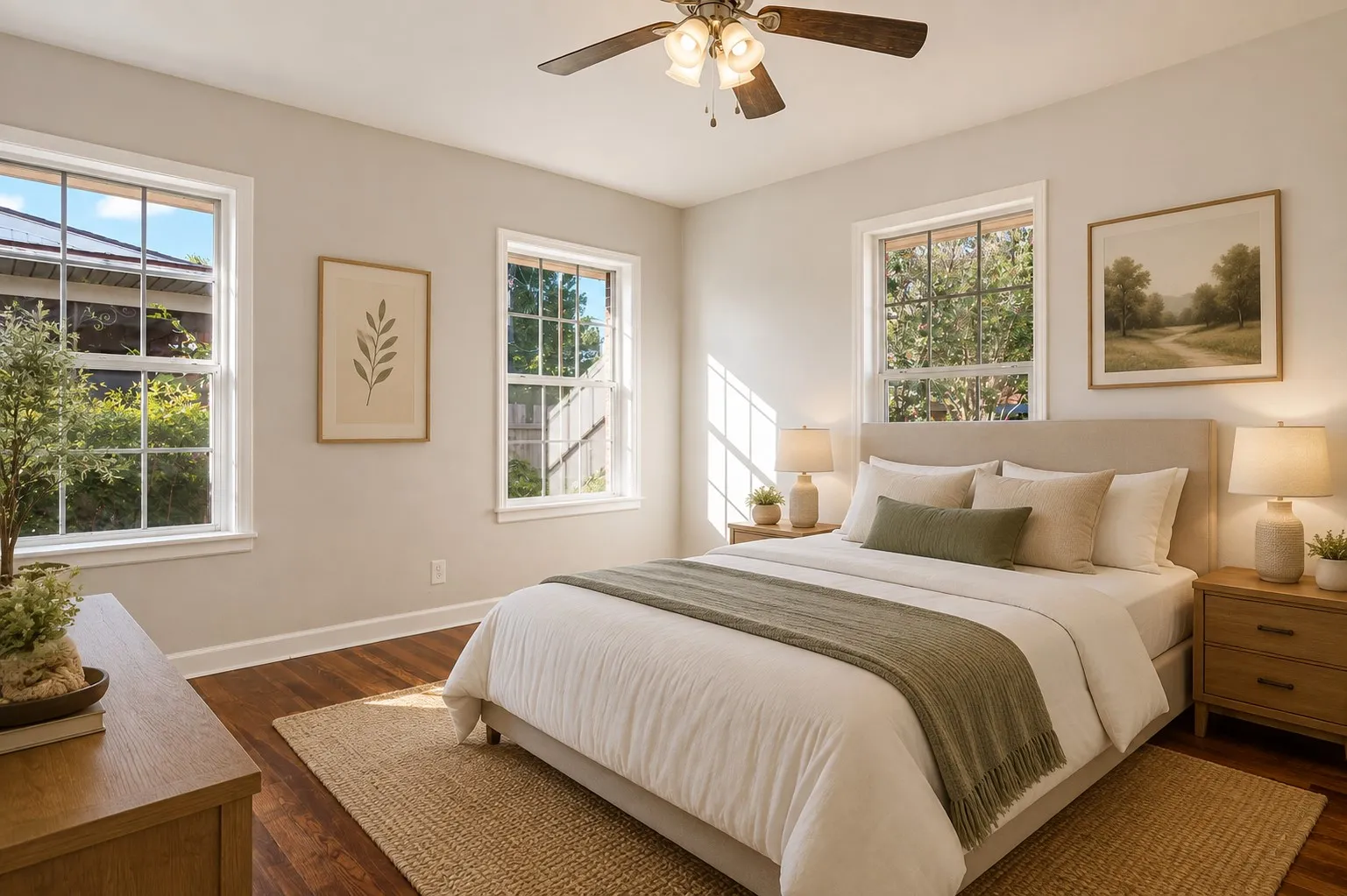 Hardwood flooring, painted walls, multiple windows, ceiling fan, and a neutral color palette