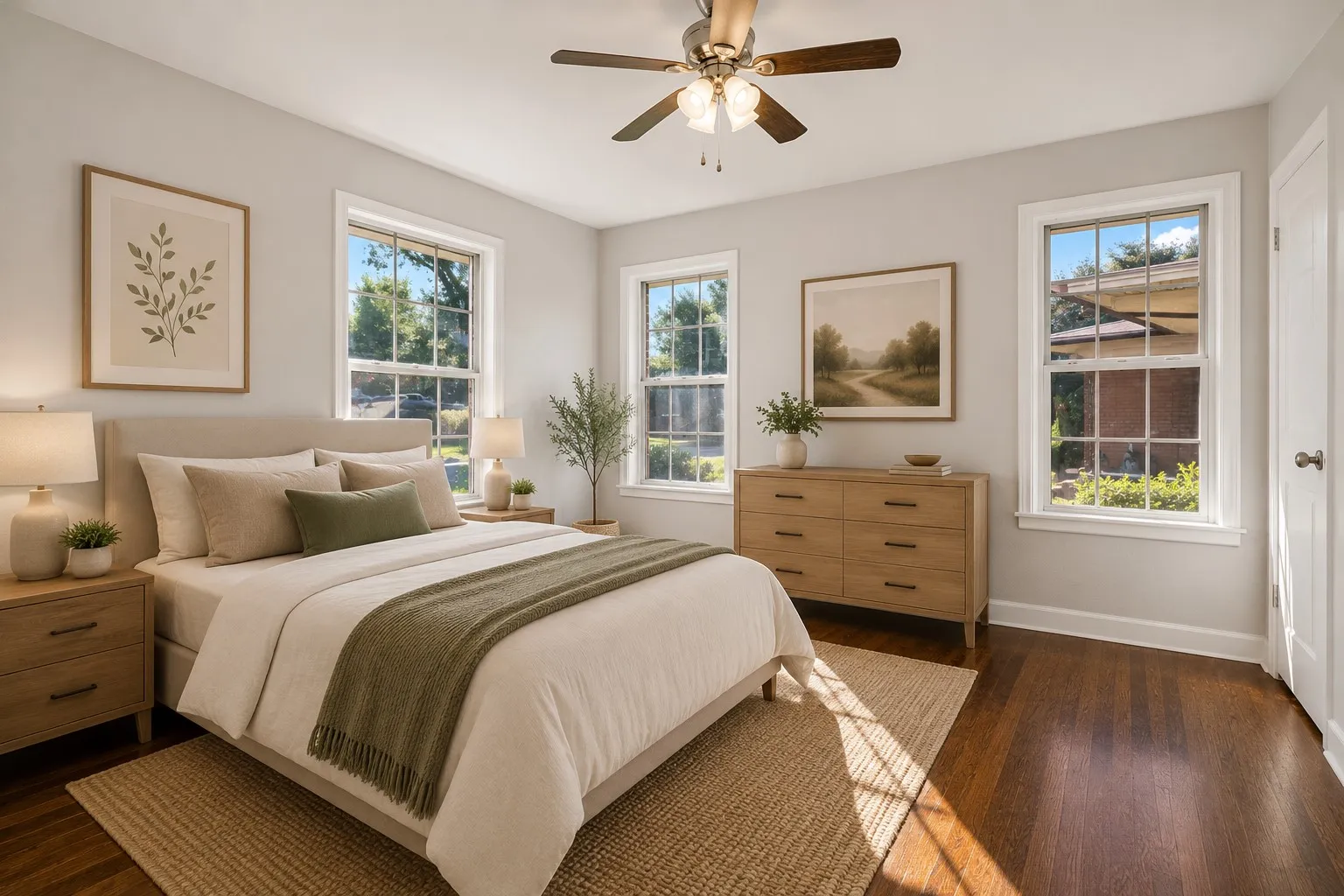 Rich wood-finish flooring, multiple windows, overhead ceiling fan with lighting, built-in closet door, and light gray wall paint
