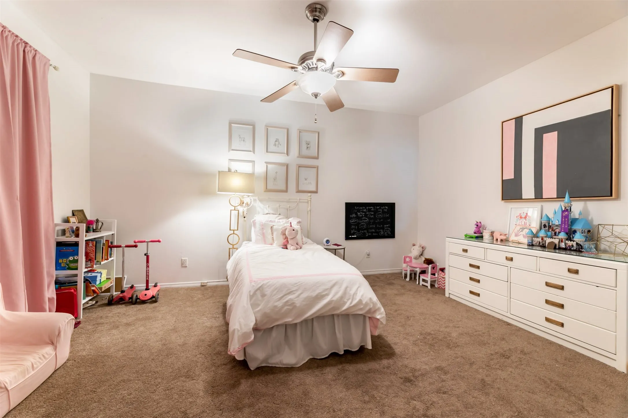 2nd Bedroom Neutral wall paint, ceiling fan with integrated lighting, recessed lighting, and wall-to-wall carpeting