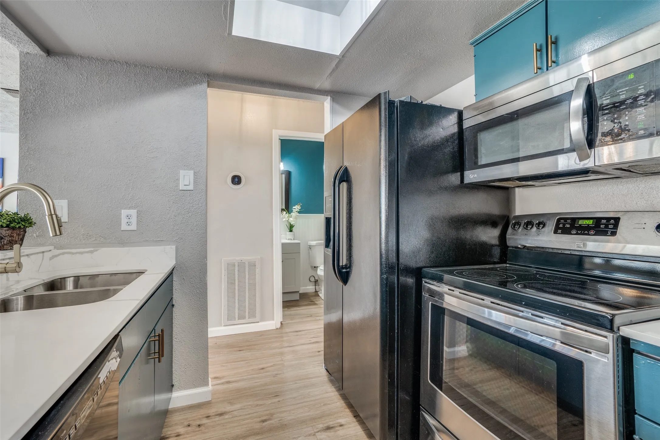 Stainless steel appliances, wood-finish flooring, undermount dual-basin sink, overhead microwave, and a skylight