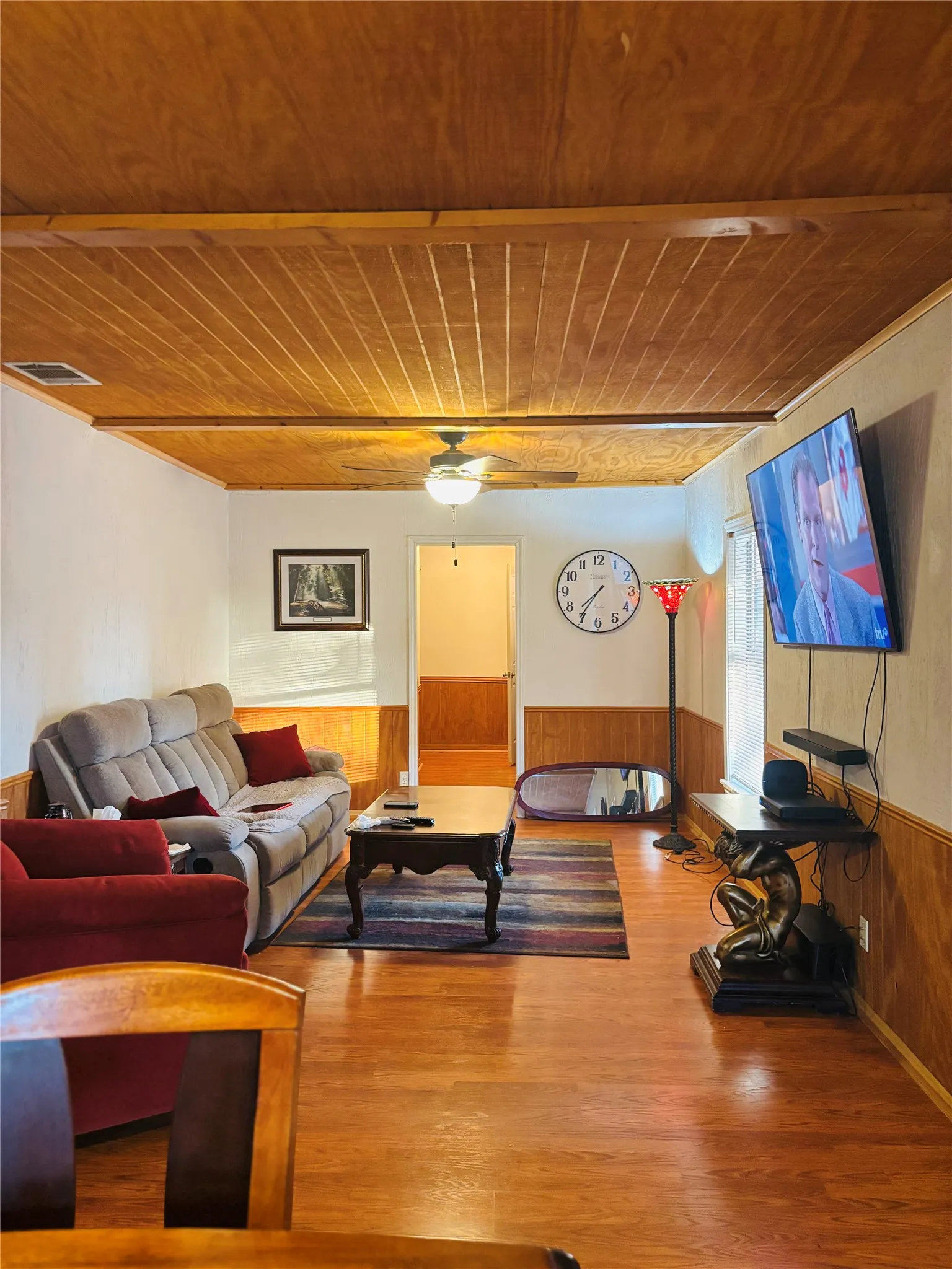 Wood-finish flooring, wood-paneled ceiling, and wood wainscoting