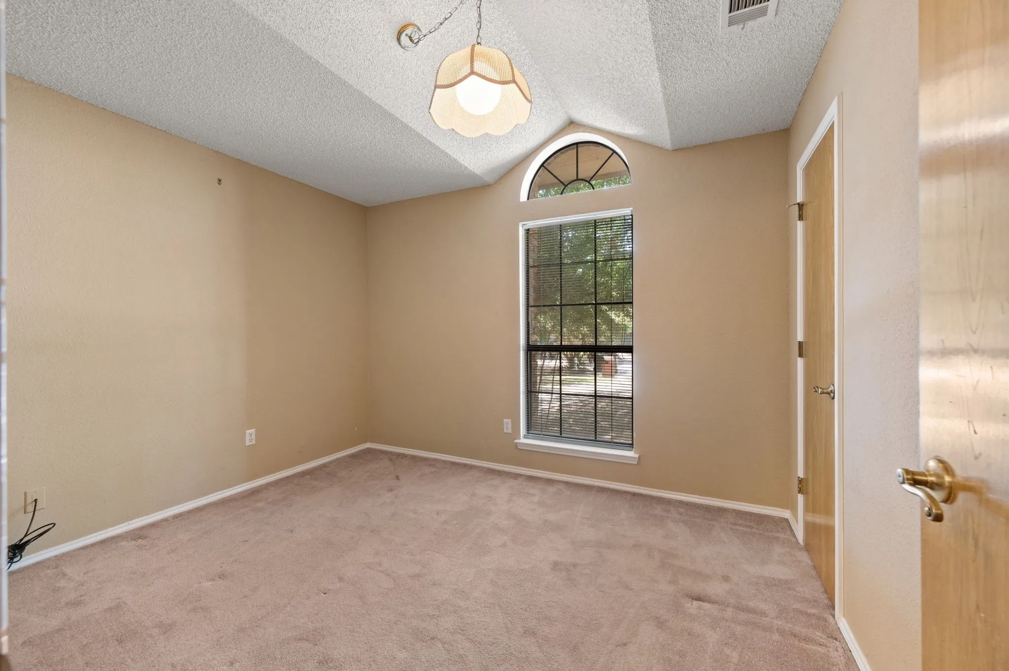 Vaulted ceiling, arched transom window, pendant light fixture, carpet flooring, wood-finish interior door