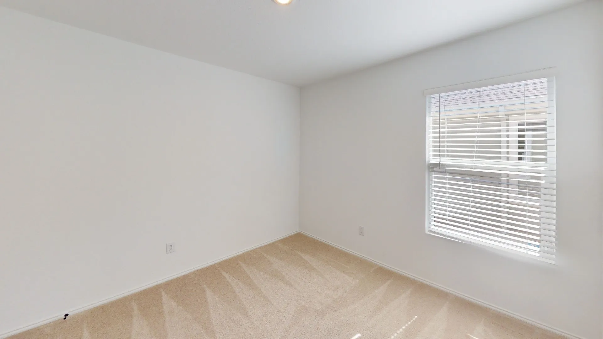 Recessed lighting, neutral wall tones, window with horizontal blinds, and carpet flooring