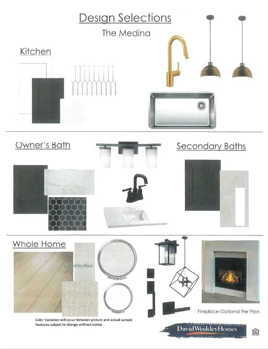 Design Selections document. Presenting material and fixture selections for the property