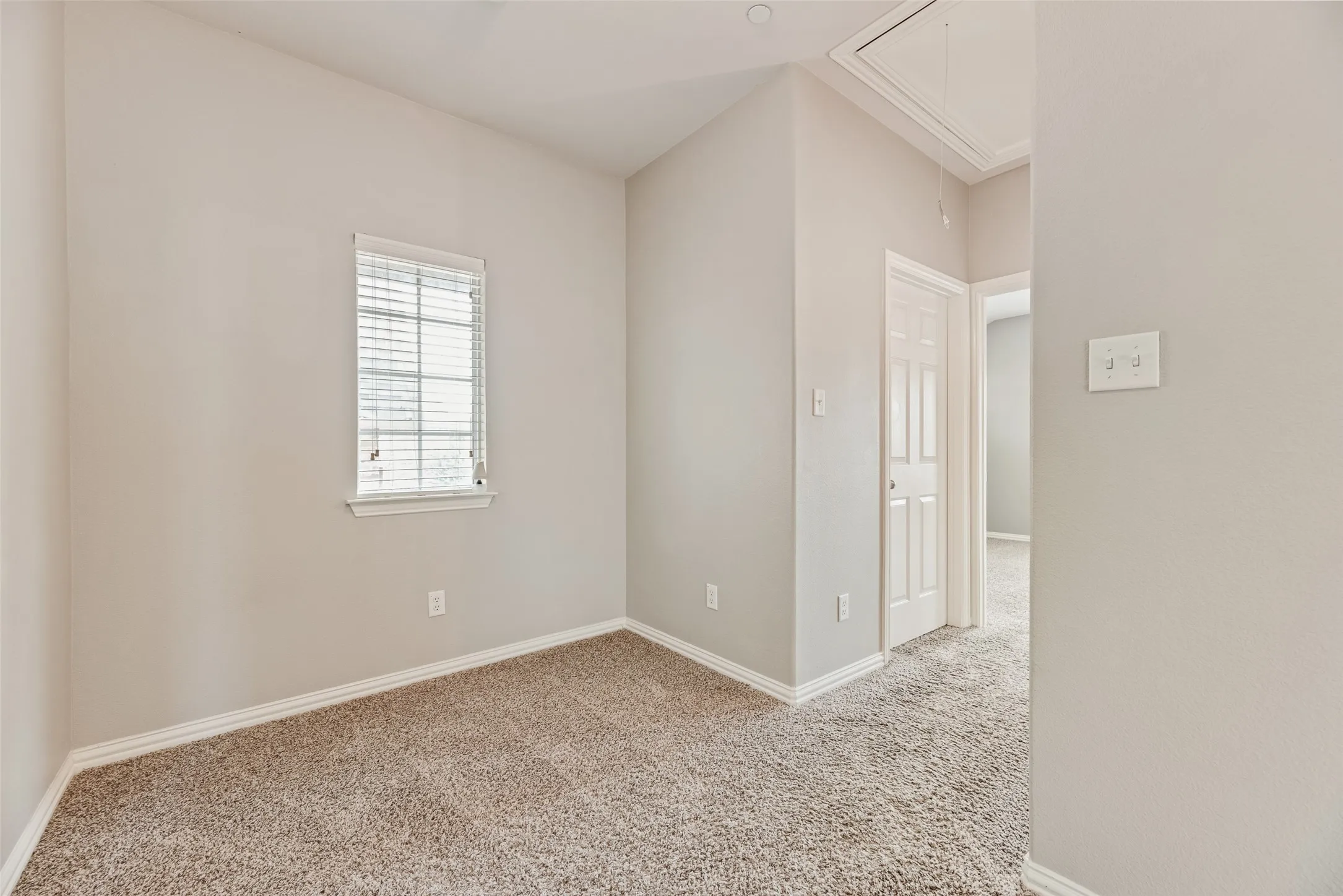 Neutral wall paint, carpeted flooring, a single window with blinds, and white trim