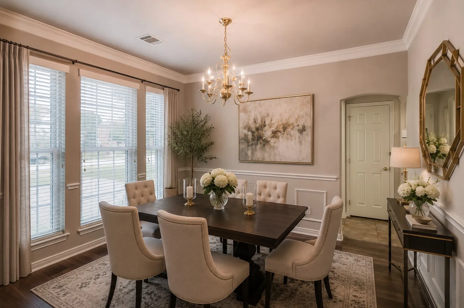 Hardwood-finish flooring with crown molding and wainscoting details