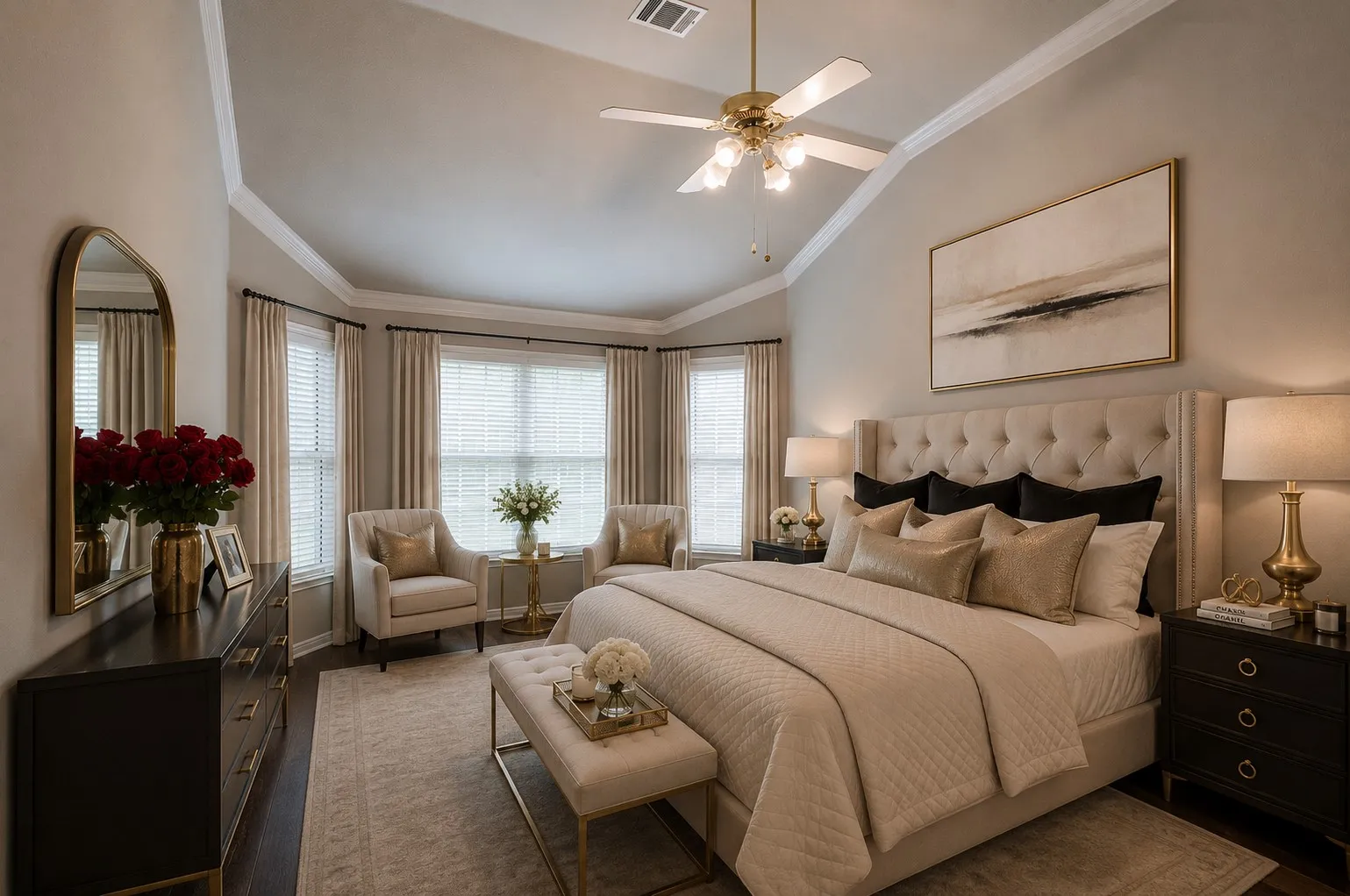 Vaulted ceiling with crown molding, bay window with blinds, wood-finish flooring, and a ceiling fan with integrated lighting