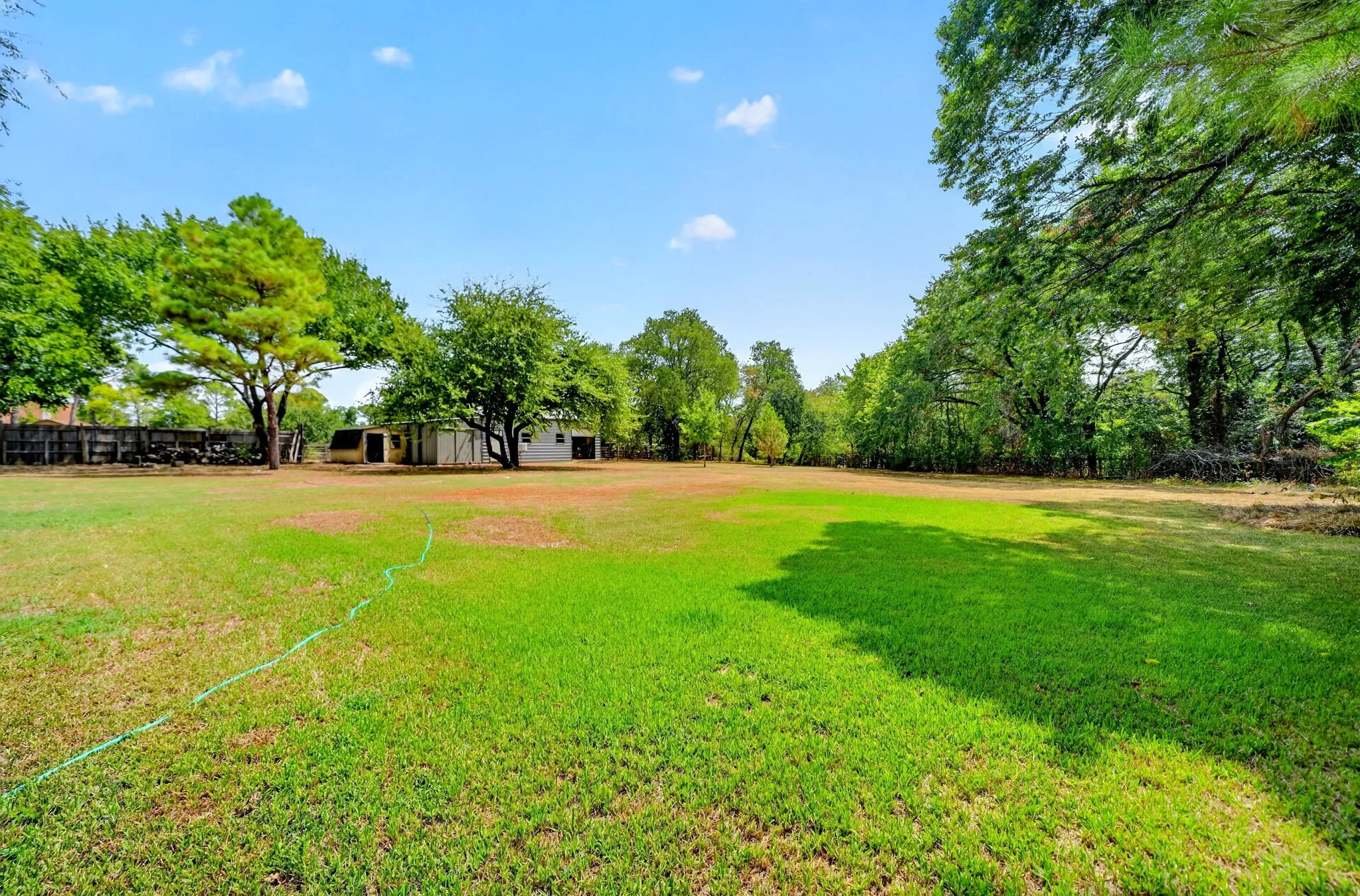 Expansive grassy yard with a privacy fence and mature trees