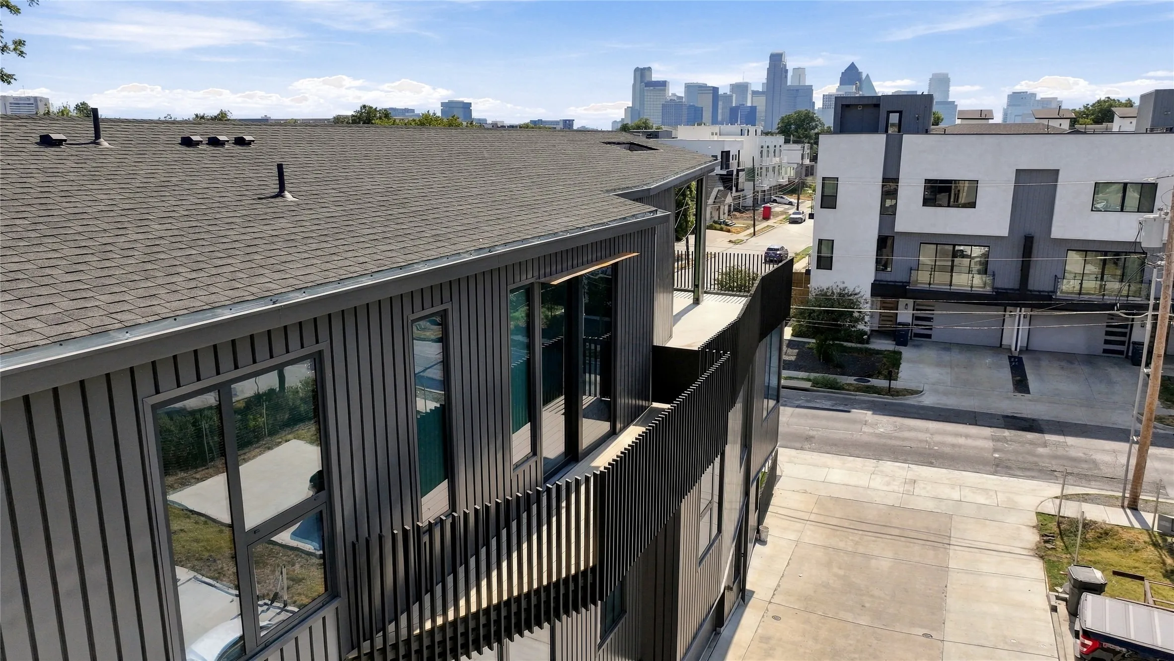 Contemporary architecture with dark vertical siding