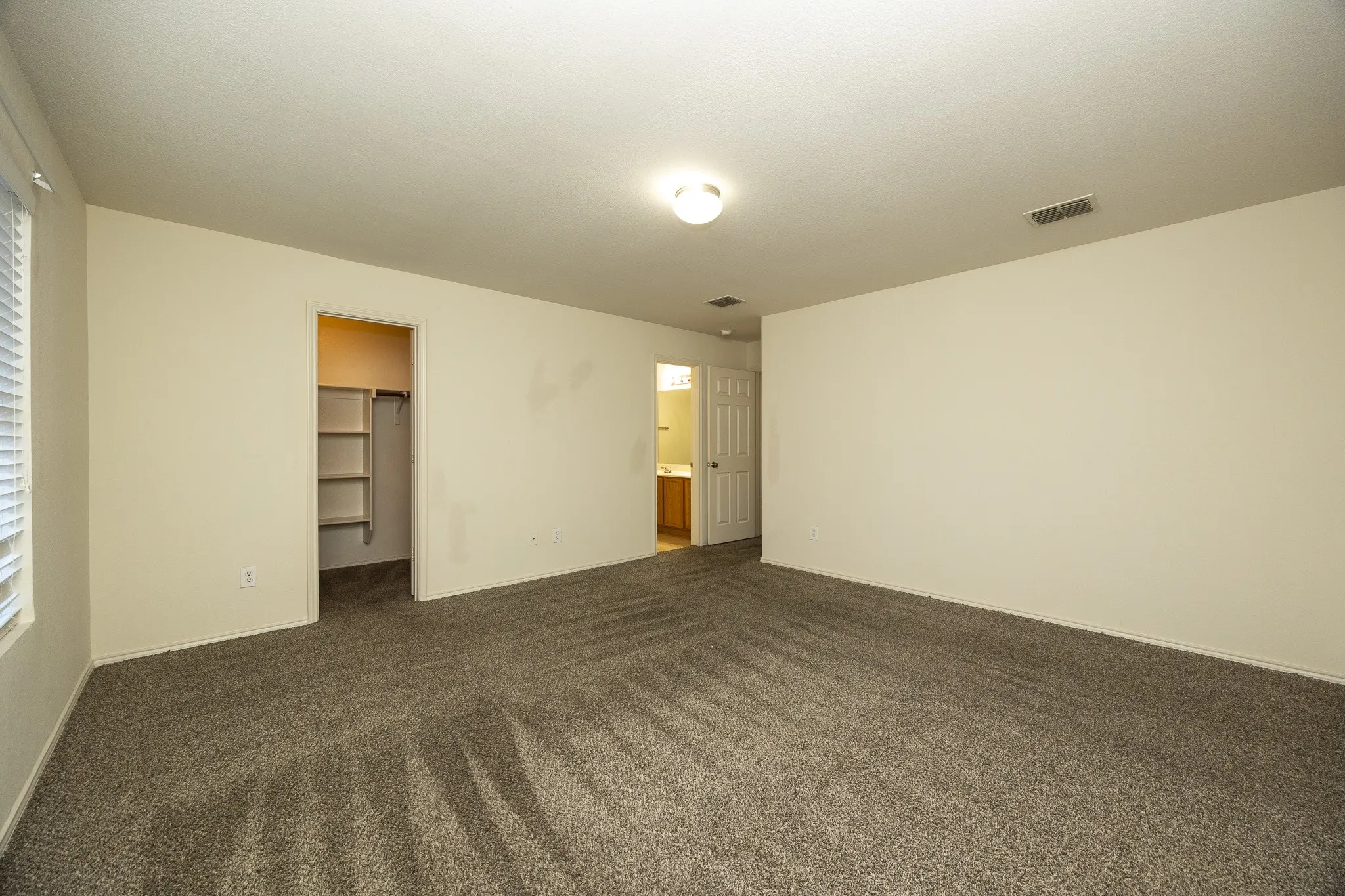 Plush carpet flooring in a neutral tone, ceiling-mounted light fixture, window with blinds, and built-in closet shelving