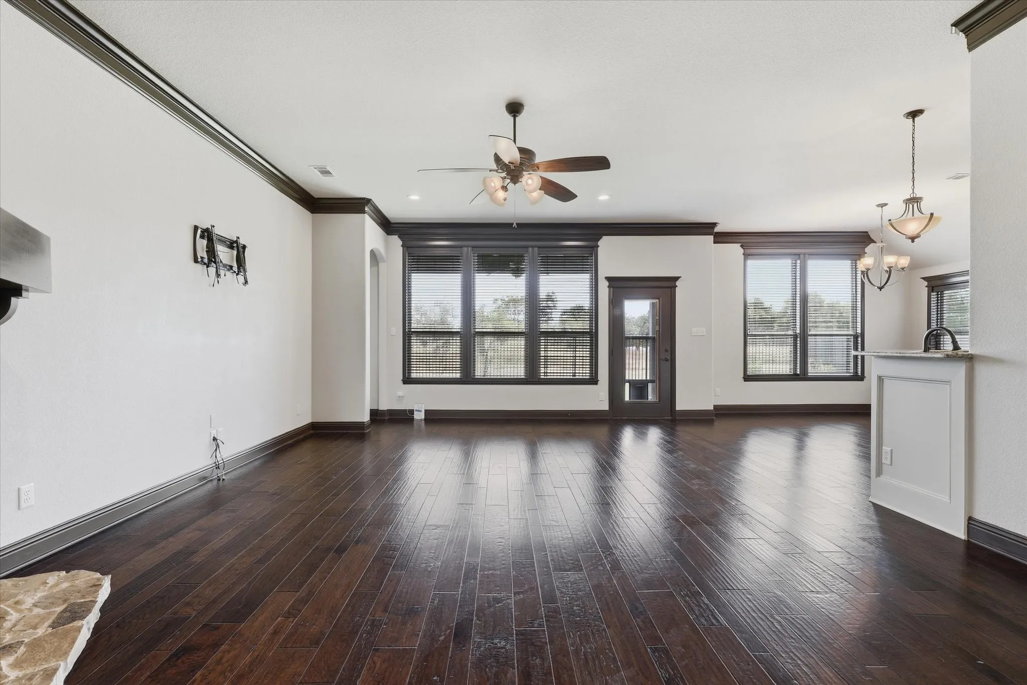 A bank of windows provides abundant natural light and backyard views.
