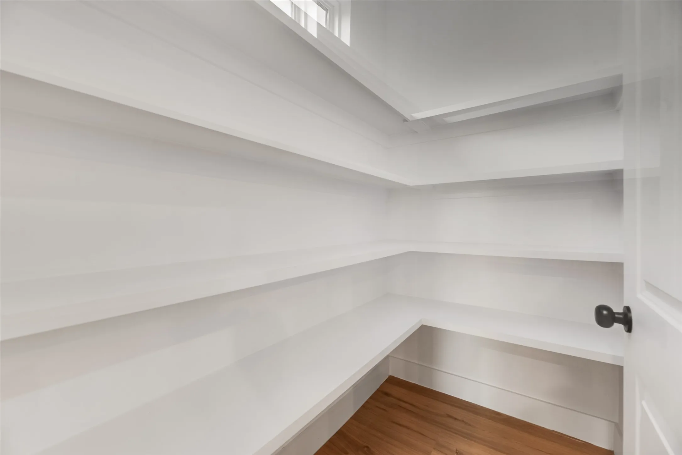 Built-in white shelving, wood-finish flooring, and a paneled door with dark hardware