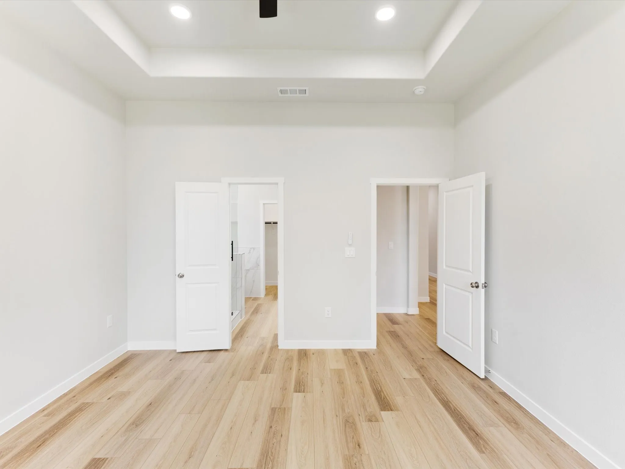Tray ceiling with recessed lighting, wood-finish flooring, and white interior doors