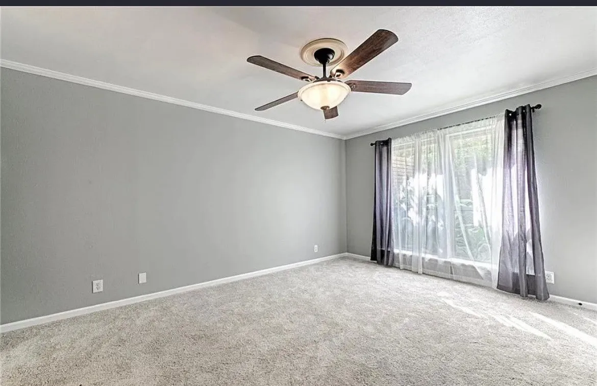 Spacious bedroom with neutral gray walls, soft neutral carpeting, ceiling fan with integrated lighting, and sliding glass doors with sheer and blackout drapery providing natural light control