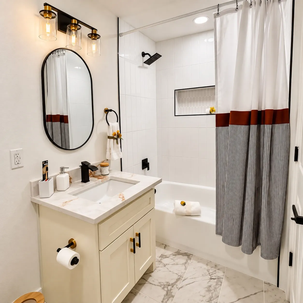 White subway tile shower surround with integrated niche, complete with a rain shower head