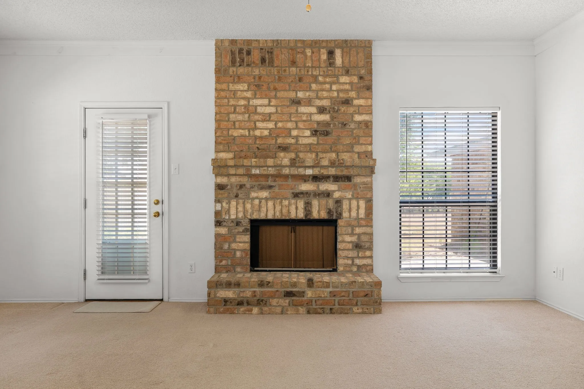 Brick fireplace with a metal firebox, adjacent to a glass-paned exterior door and a window