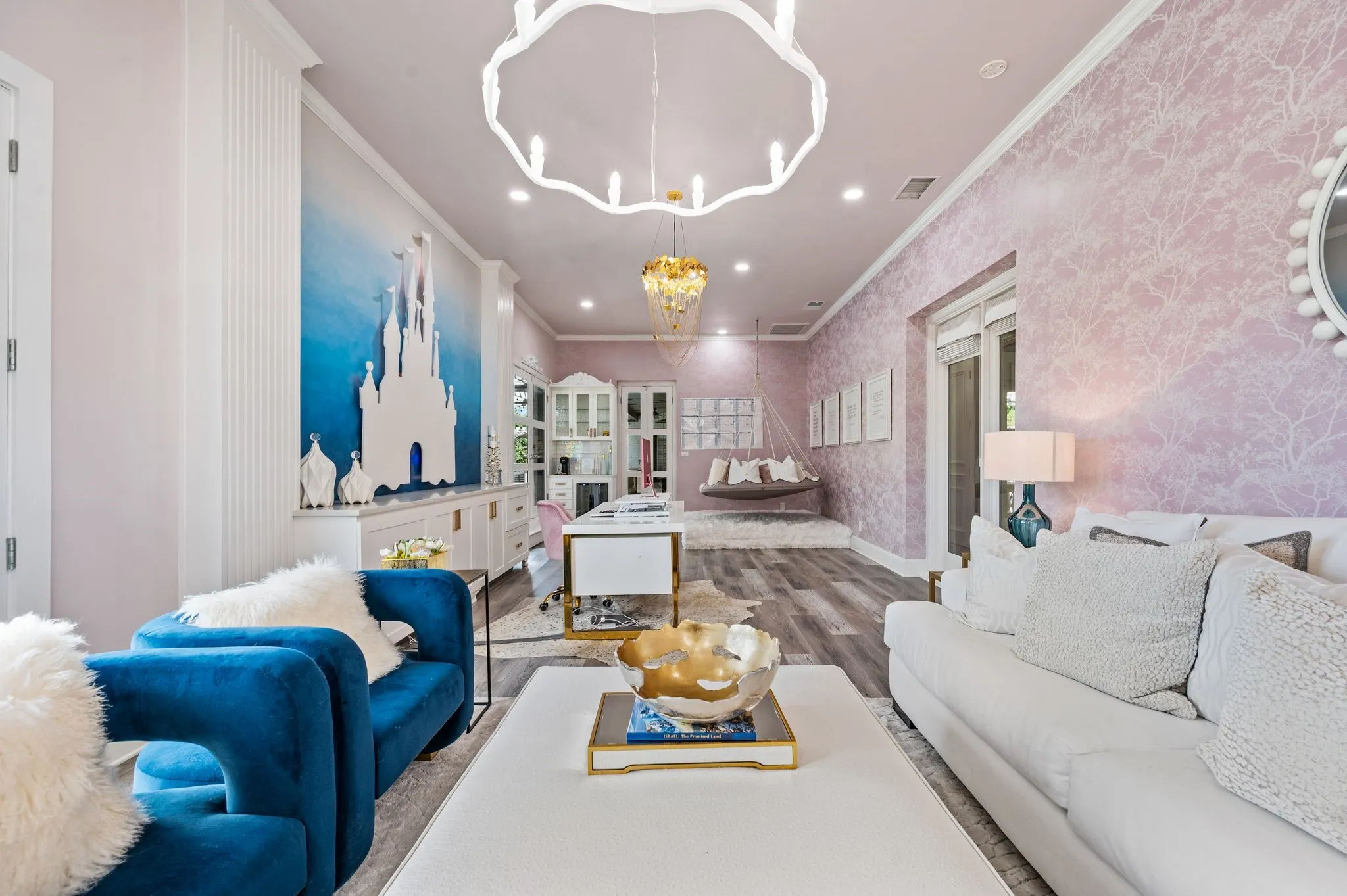 Spacious Office featuring wood-finish flooring, a contemporary white chandelier, recessed lighting, and crown molding