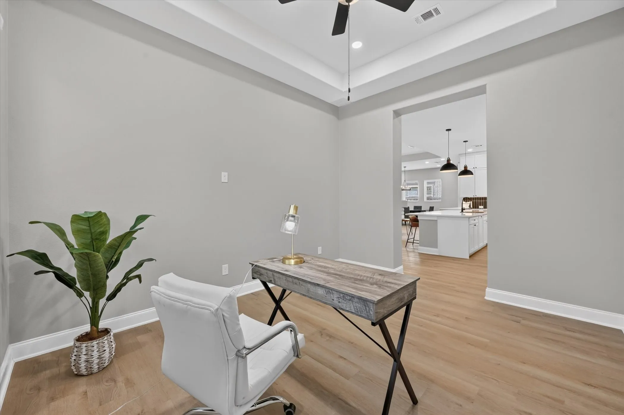 Recessed lighting, wood-finish flooring, tray ceiling, and an open doorway