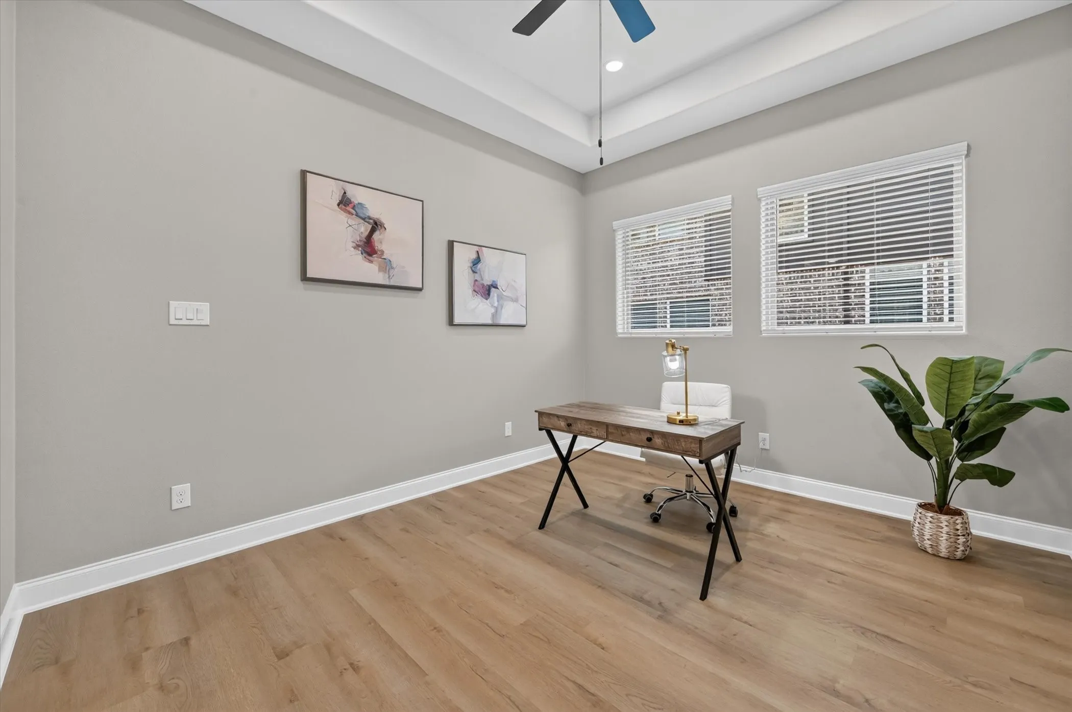 Recessed ceiling with a modern ceiling fan, two windows with blinds, light wood-finish flooring, and light gray painted walls
