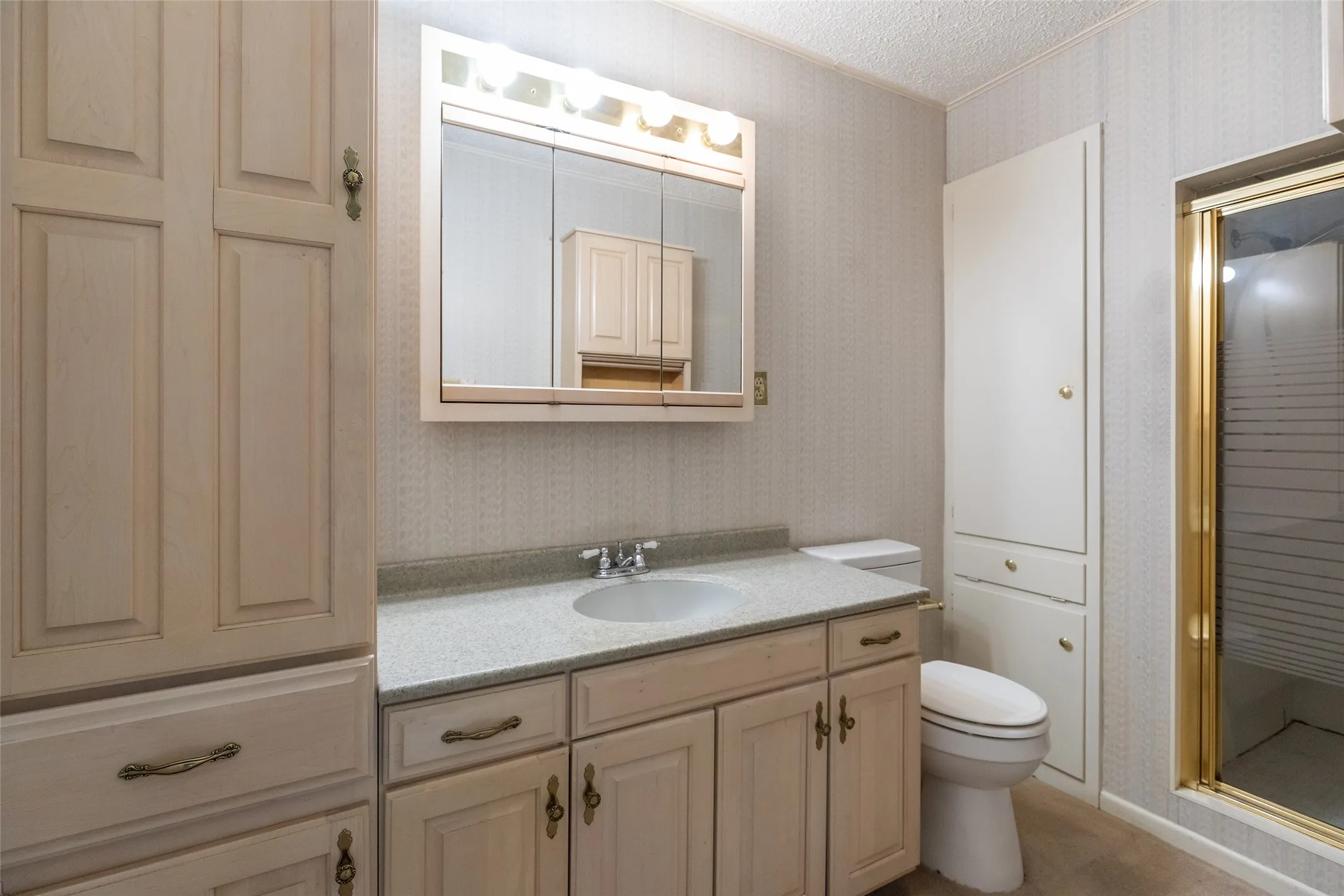Recessed medicine cabinet, vanity with integrated sink, gold-toned framed shower enclosure, and built-in cabinetry offering storage
