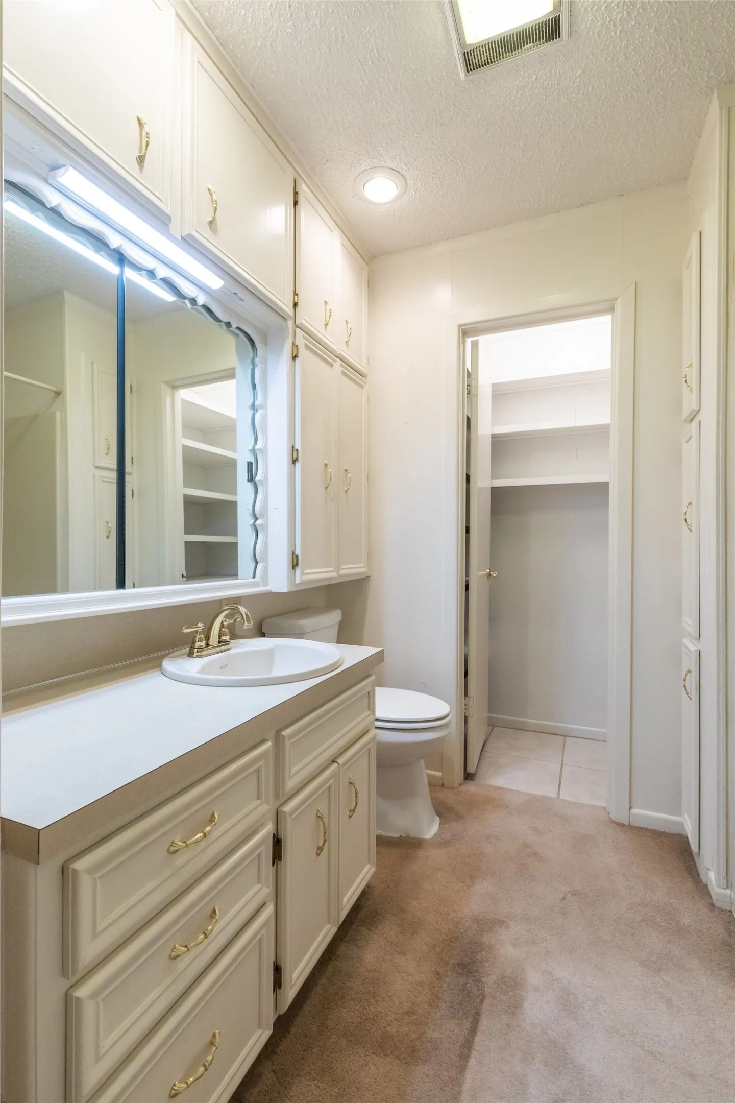Vanity with integrated sink, extensive cabinet storage, wall mirror, recessed lighting, and built-in shelving
