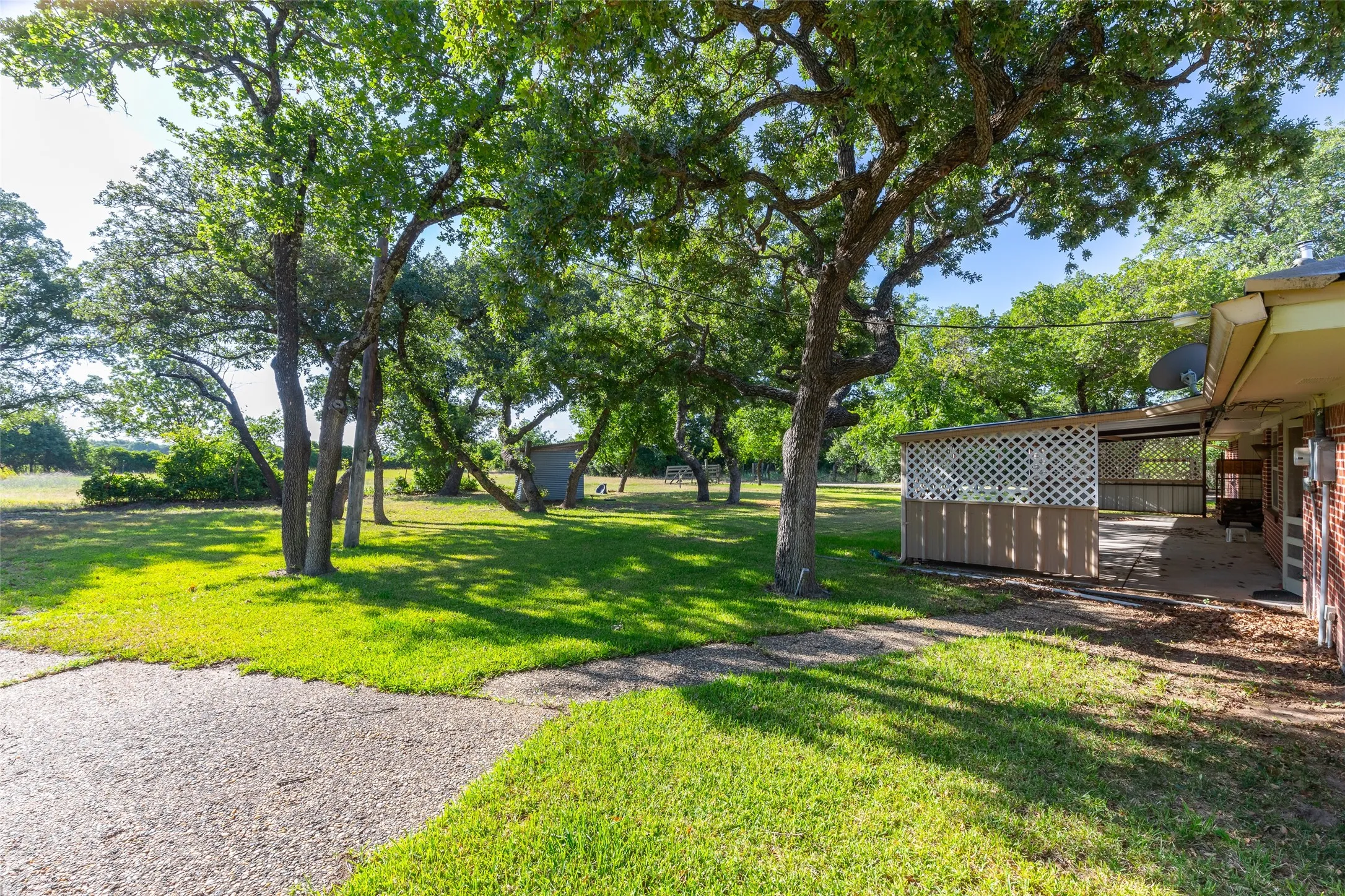 Expansive lawn with mature trees and a concrete patio