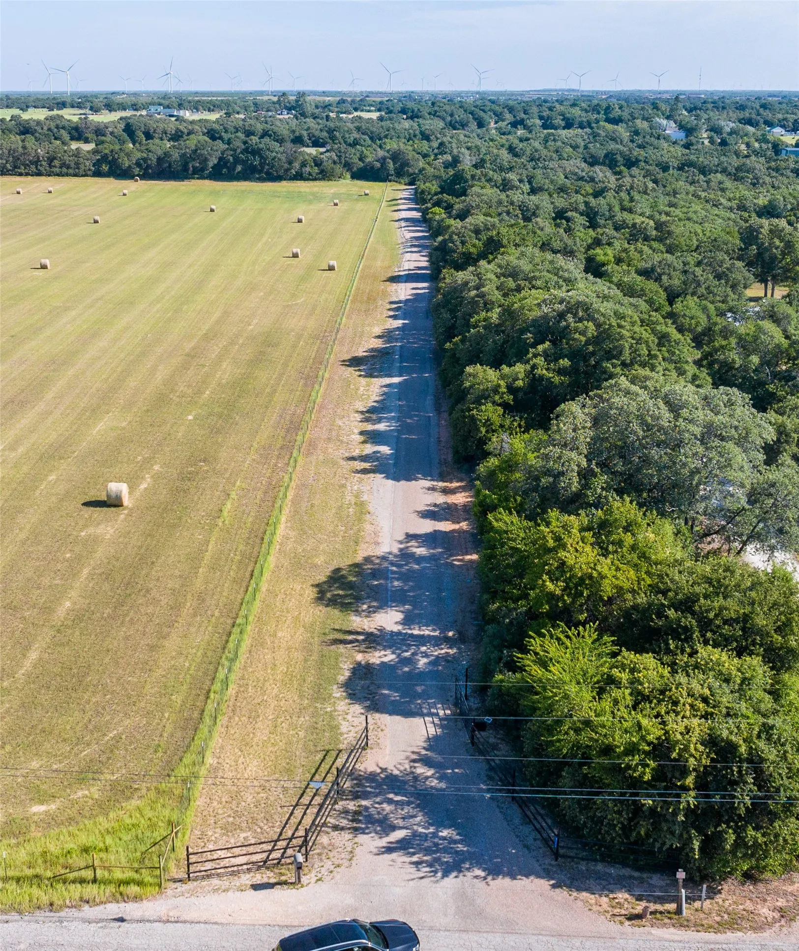 Expansive agricultural field with hay bales, bordered by a tree line and an unpaved road