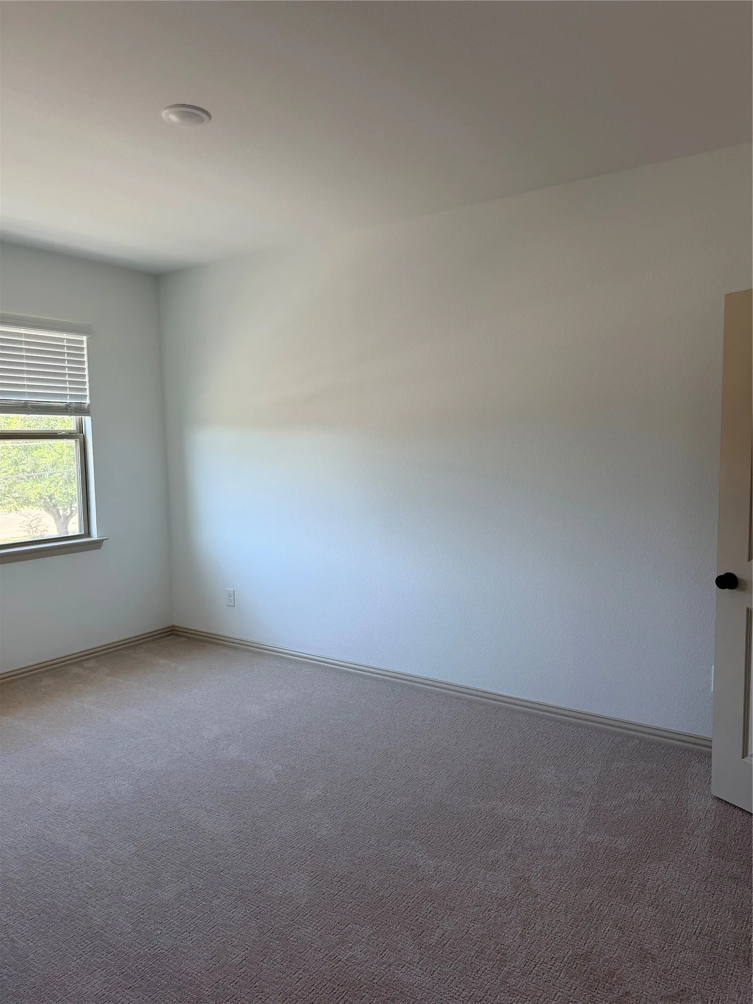 Second Bedroom with neutral carpeting, white wall paint, window with blinds, recessed ceiling lighting, and a paneled interior door