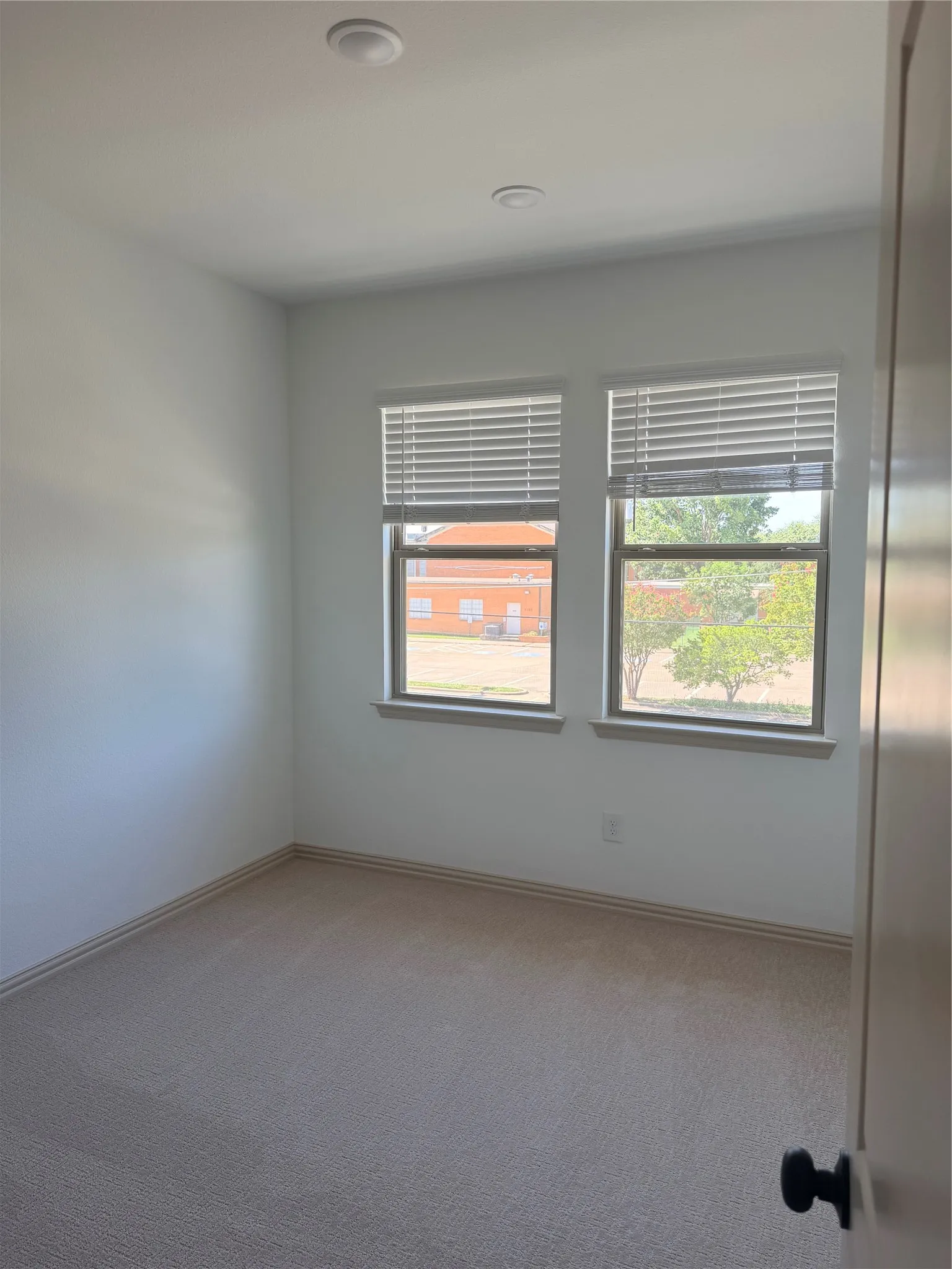 Neutral carpet, two windows with blinds, recessed ceiling lighting, and a neutral wall finish